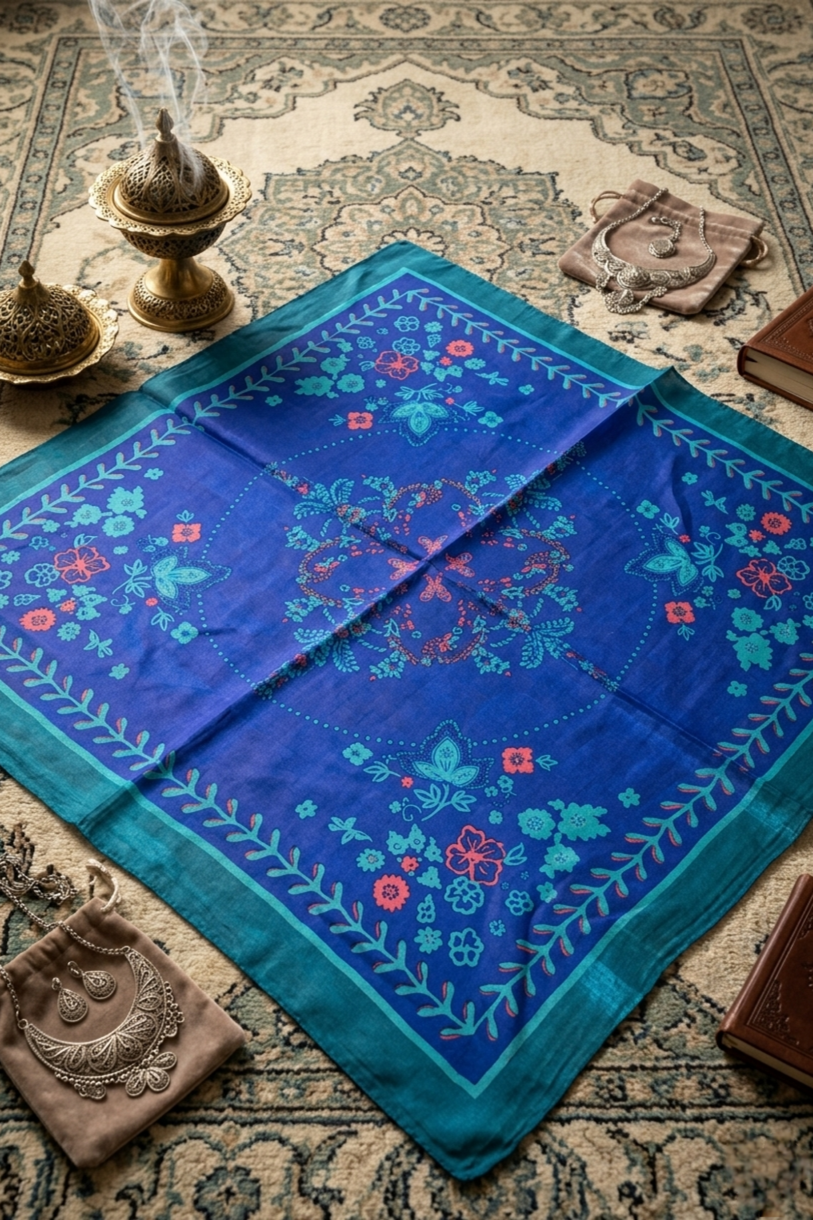 Turkuaz Mavi Etnik Desen İpek Mendil  Bahtiyar İpek İpek Mendil