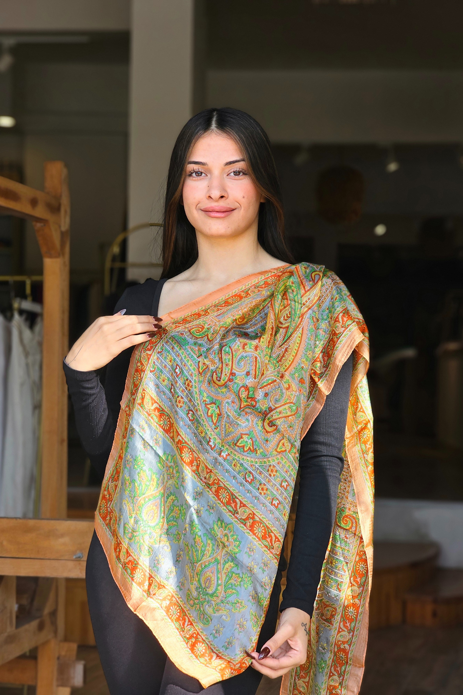 Turuncu Mavi Desenli İpek Fular  Bahtiyar İpek Fular