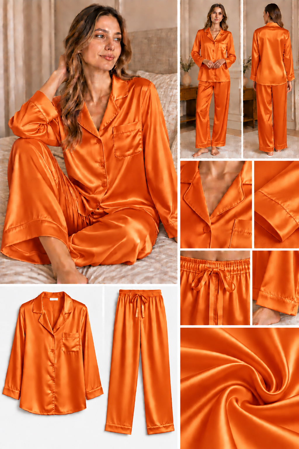 Turuncu Uzun Kol İpek Pijama Takımı  Bahtiyar İpek İpek Pijama Takımı