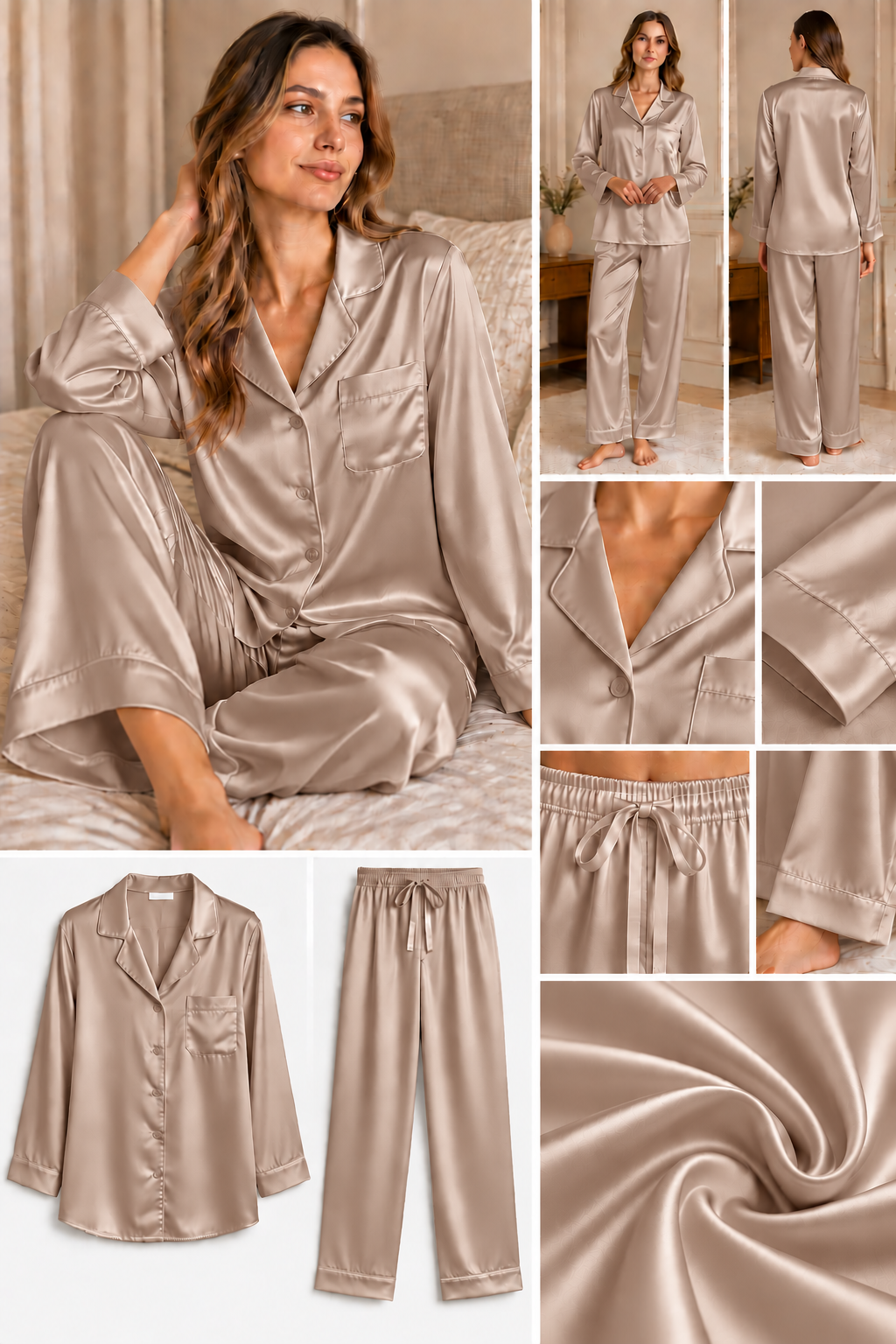 Vizon Uzun Kol İpek Pijama Takımı  Bahtiyar İpek İpek Pijama Takımı