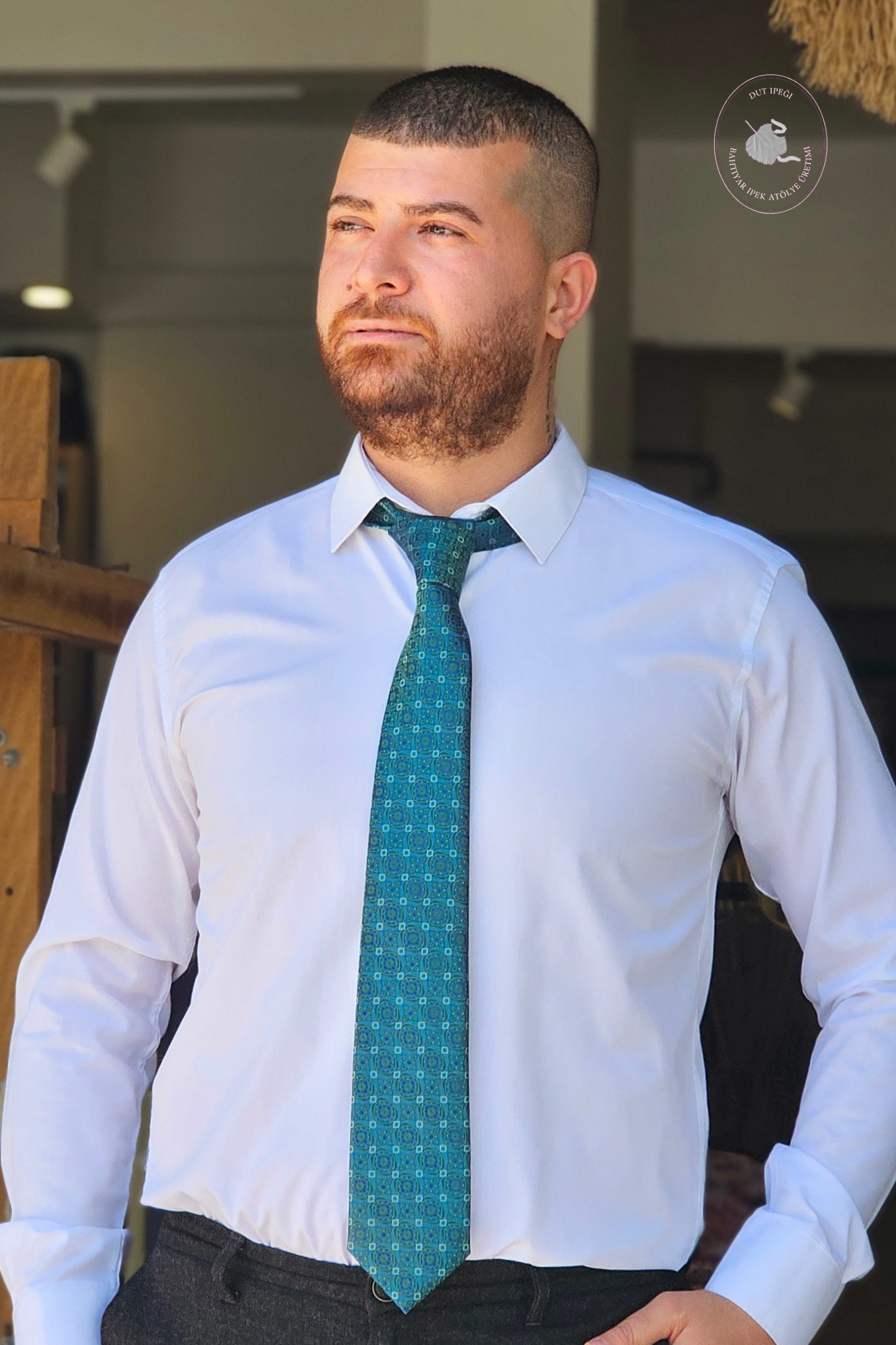 Yeşil Kendinden Desenli Mendilli İpek Kravat  Bahtiyar İpek Kravat