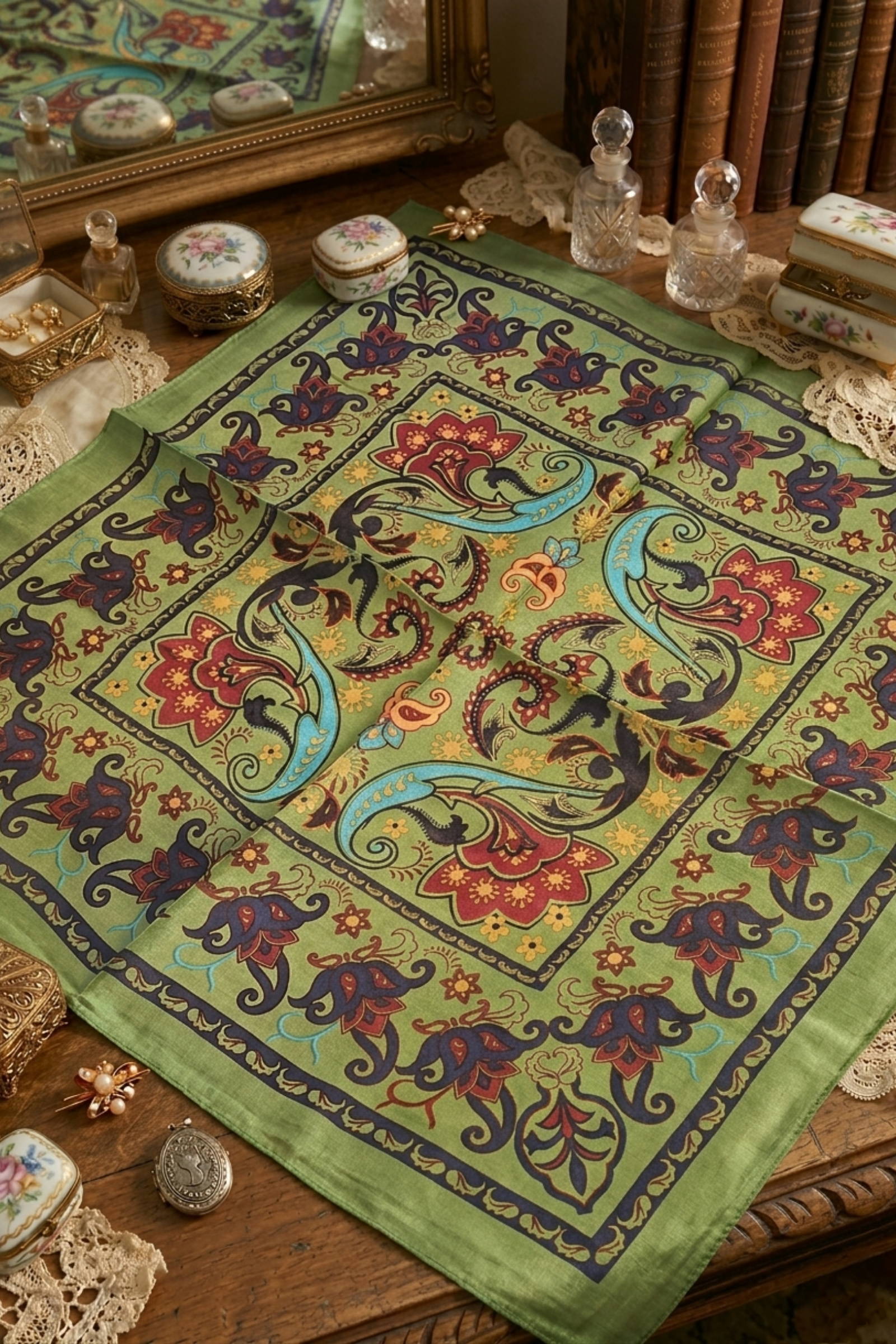 Yeşil Rumi Desen İpek Mendil  Bahtiyar İpek İpek Mendil