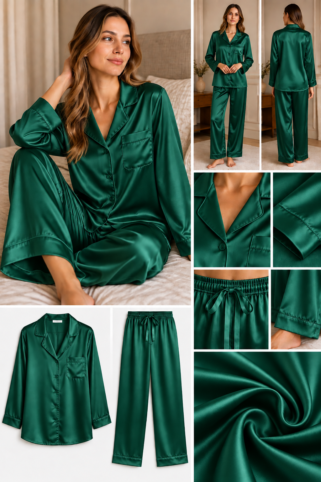 Yeşil Uzun Kol İpek Pijama Takımı  Bahtiyar İpek İpek Pijama Takımı