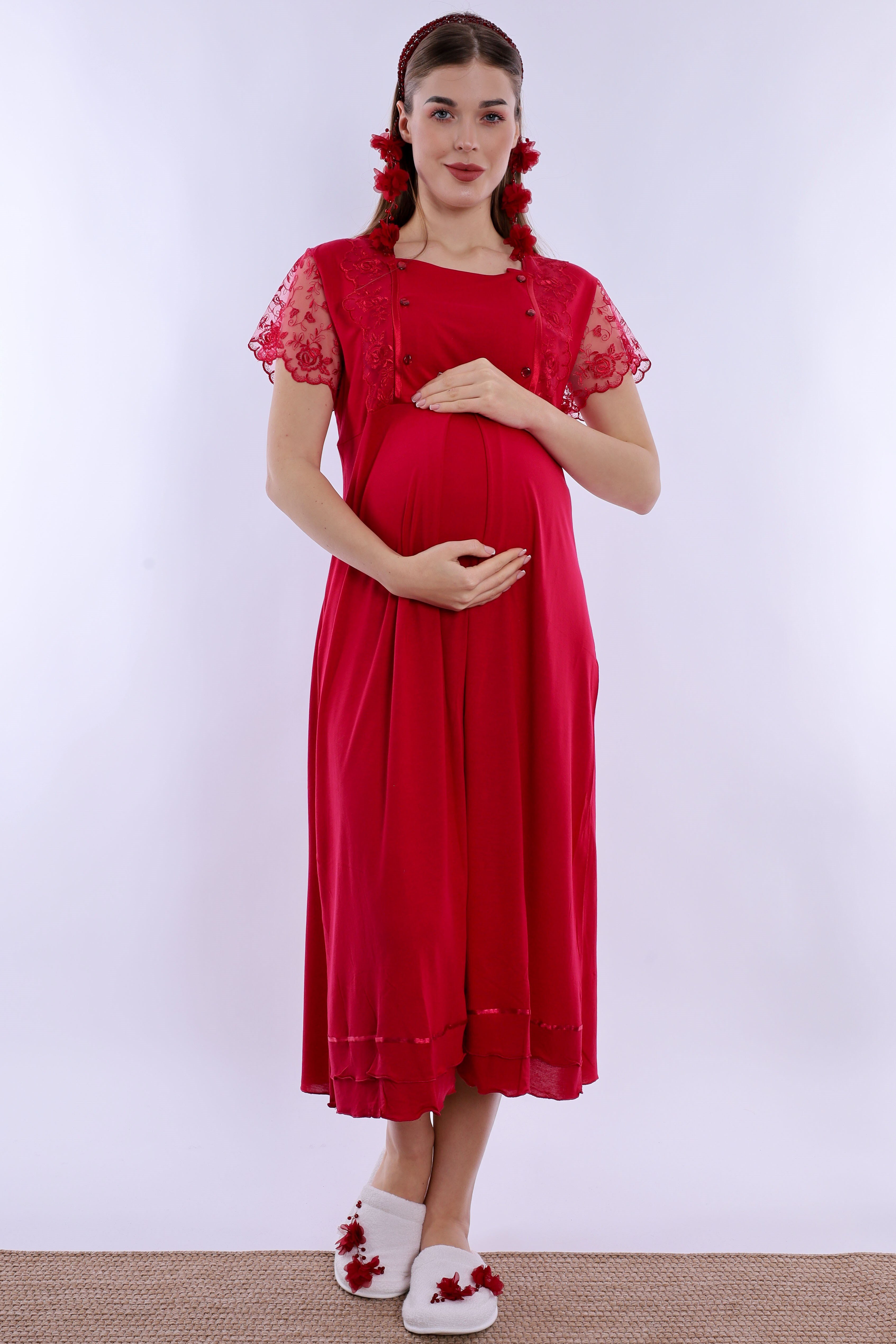 220522 Doğum Öncesi ve Sonrası Kullanıma Uygun Hamile Lohusa Gecelik  - Vişne