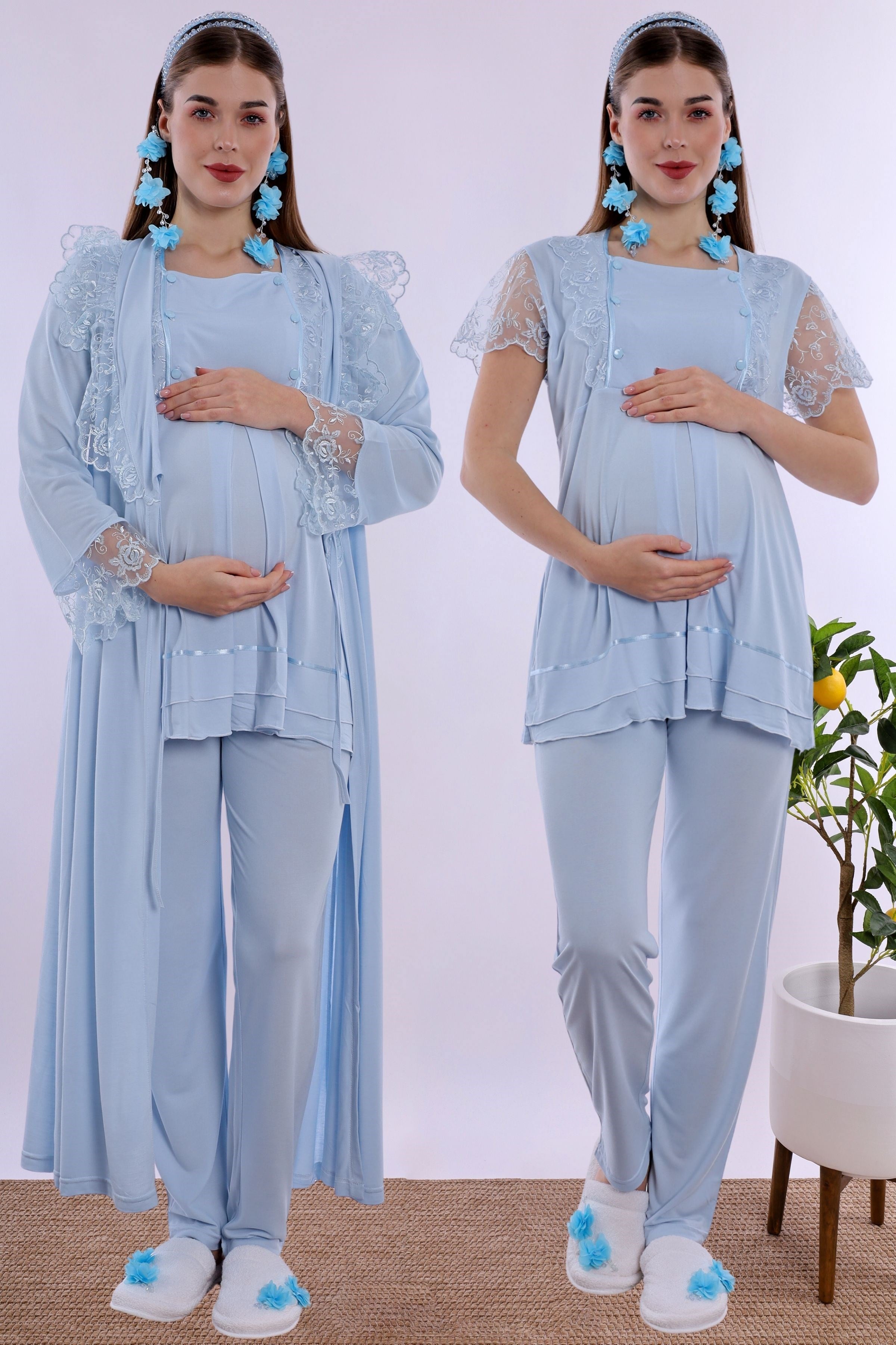 220542 Pamuklu Sabahlıklı Hamile Lohusa Emzirme Pijama Takımı Ayarlanabilir Bel Lastikli  - Mavi