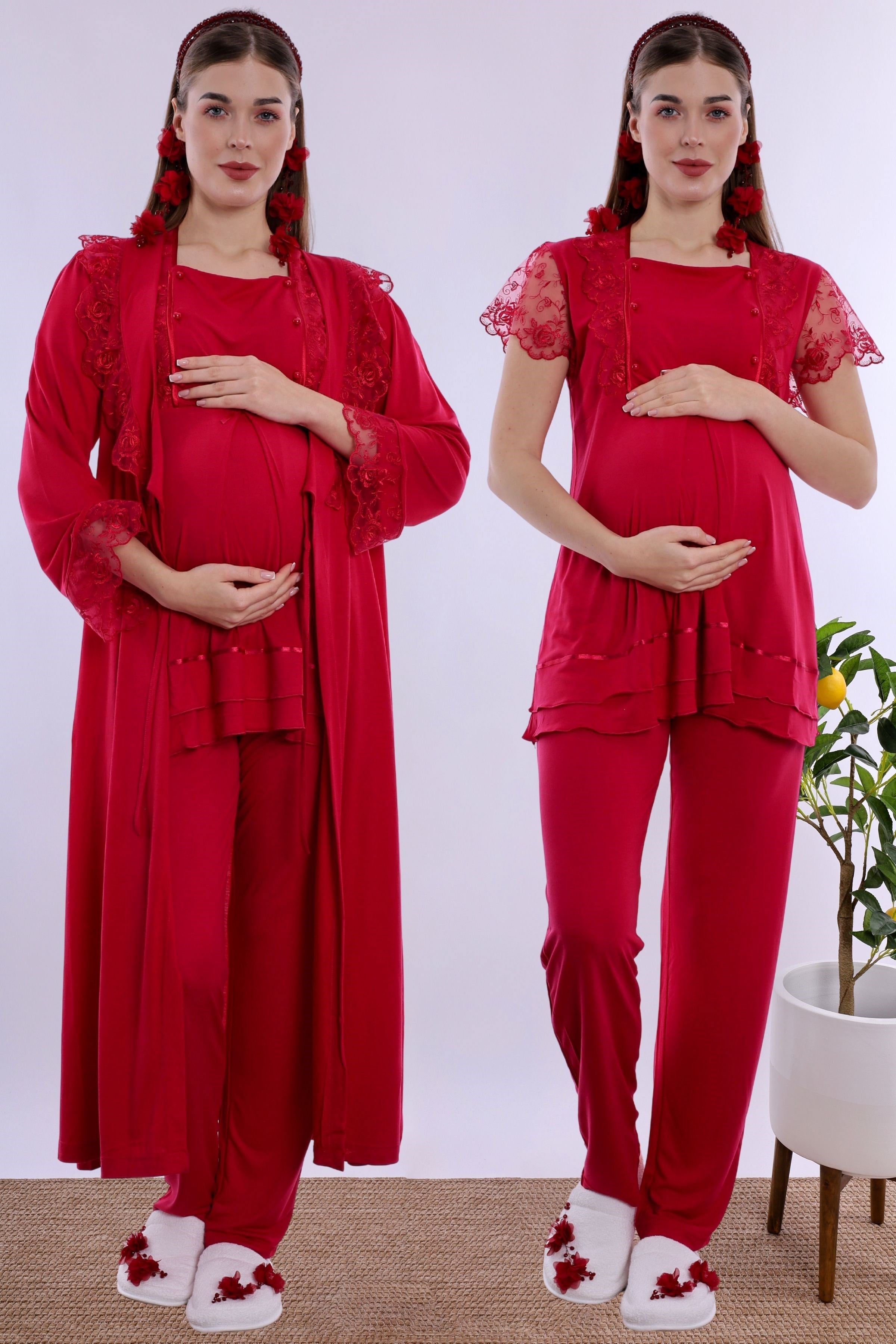 220542 Pamuklu Sabahlıklı Hamile Lohusa Emzirme Pijama Takımı Ayarlanabilir Bel Lastikli  - Vişne