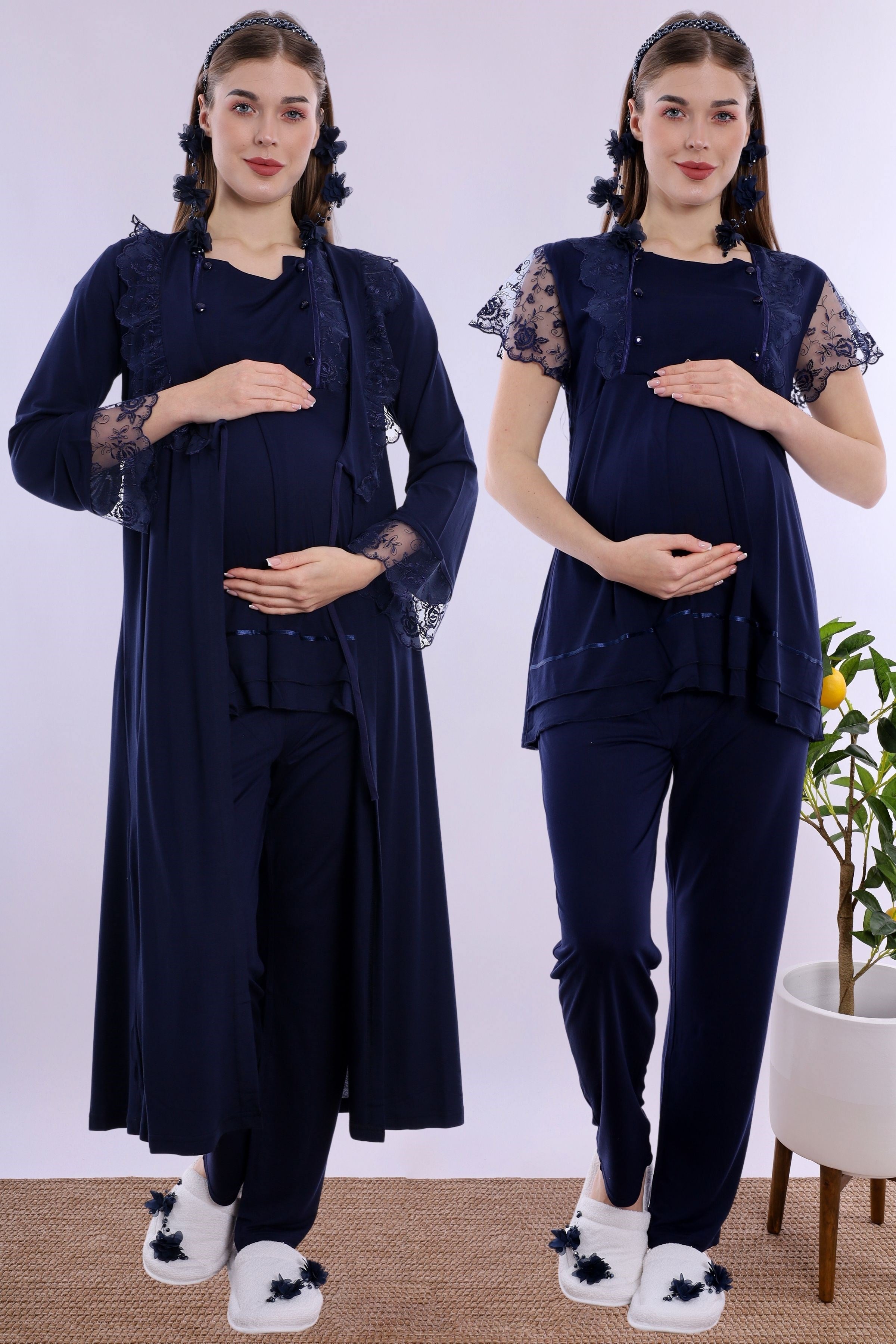 220542 Pamuklu Sabahlıklı Hamile Lohusa Emzirme Pijama Takımı Ayarlanabilir Bel Lastikli  - Lacivert