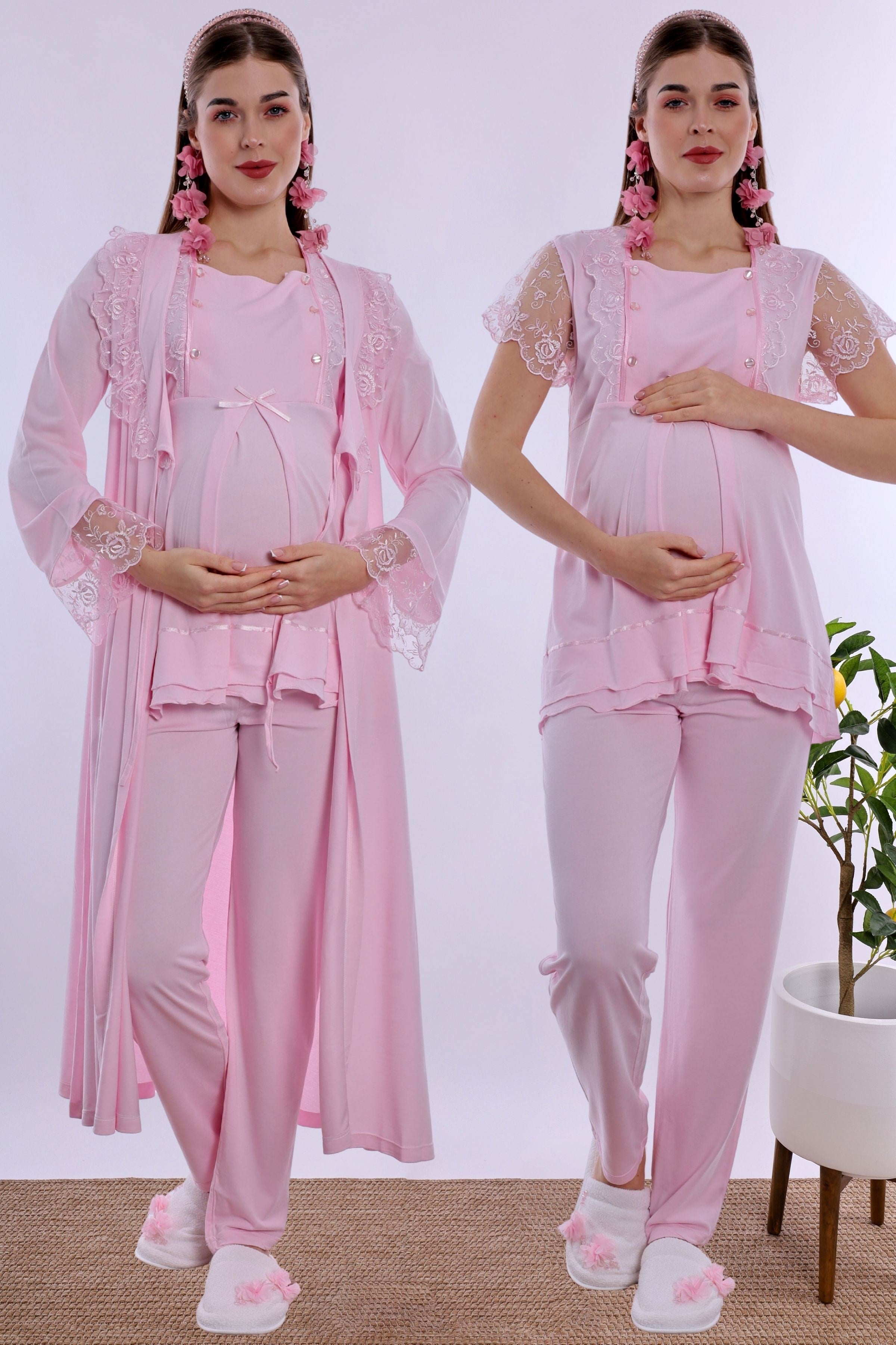 220542 Pamuklu Sabahlıklı Hamile Lohusa Emzirme Pijama Takımı Ayarlanabilir Bel Lastikli  - Pembe