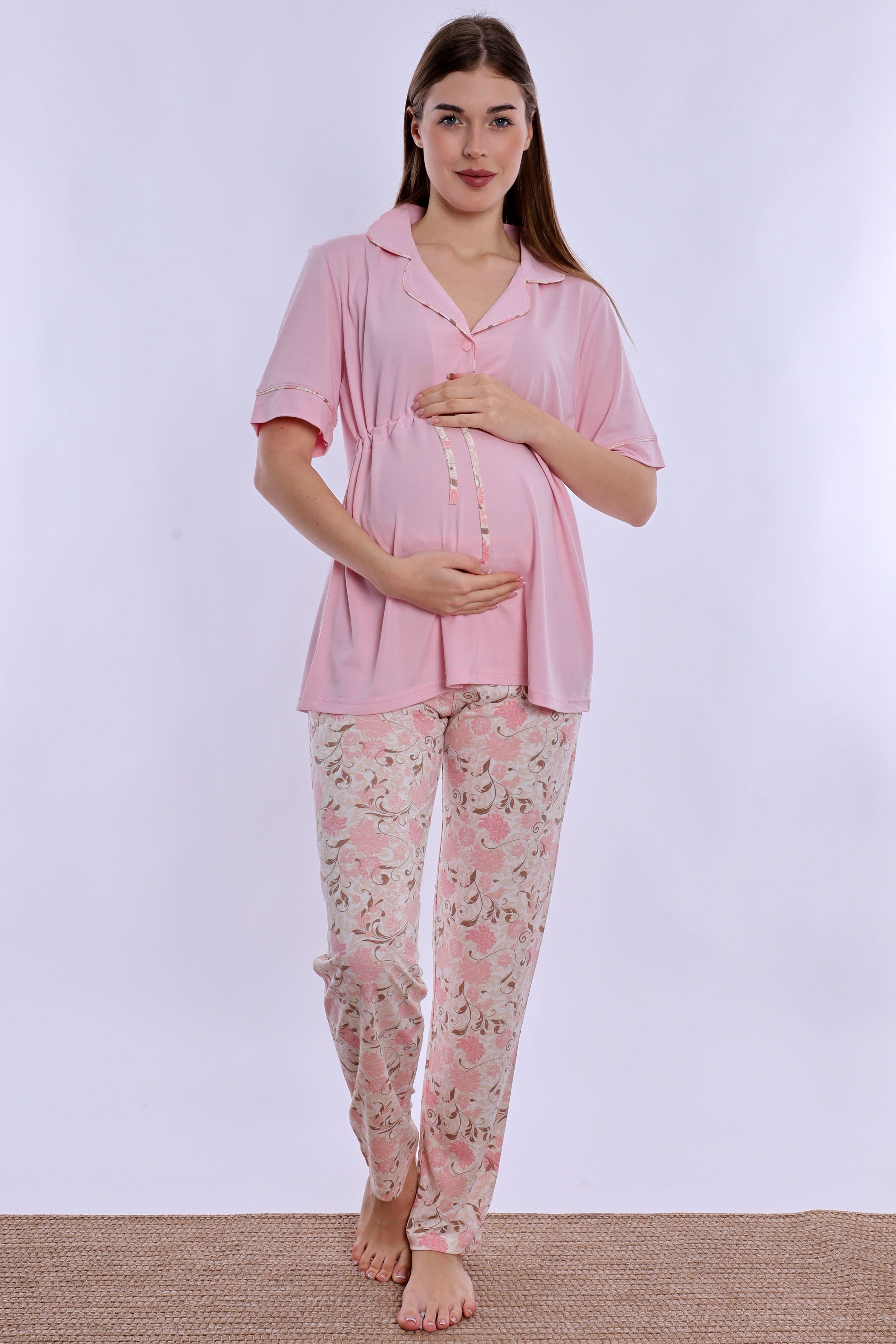 220642 Kısa Kol Yumuşak Dokulu Pamuklu Hamile Lohusa Takımı  - Pembe