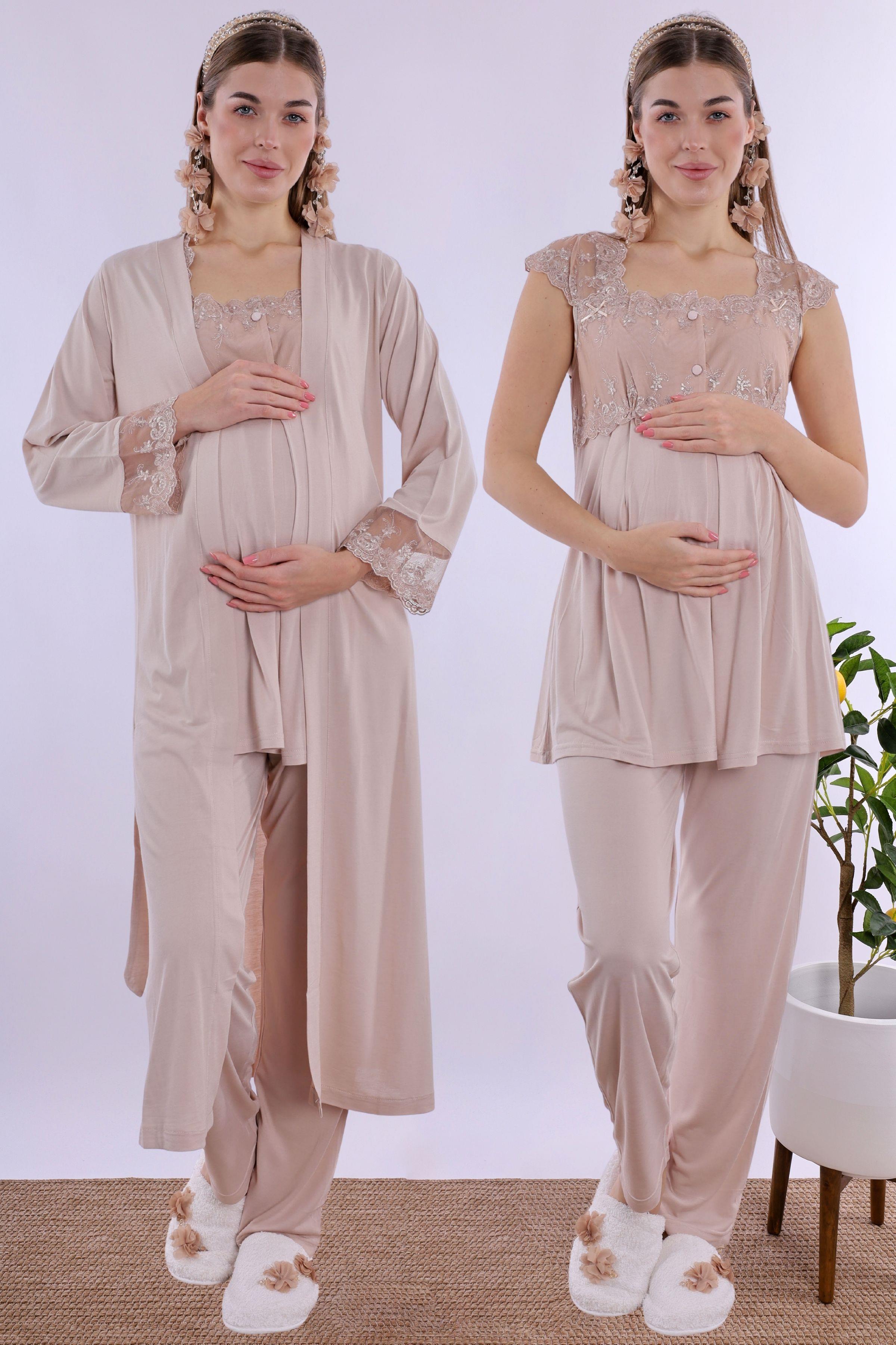 223072 Bej Uzun Sabahlıklı Hamile Lohusa Pijama Takımı