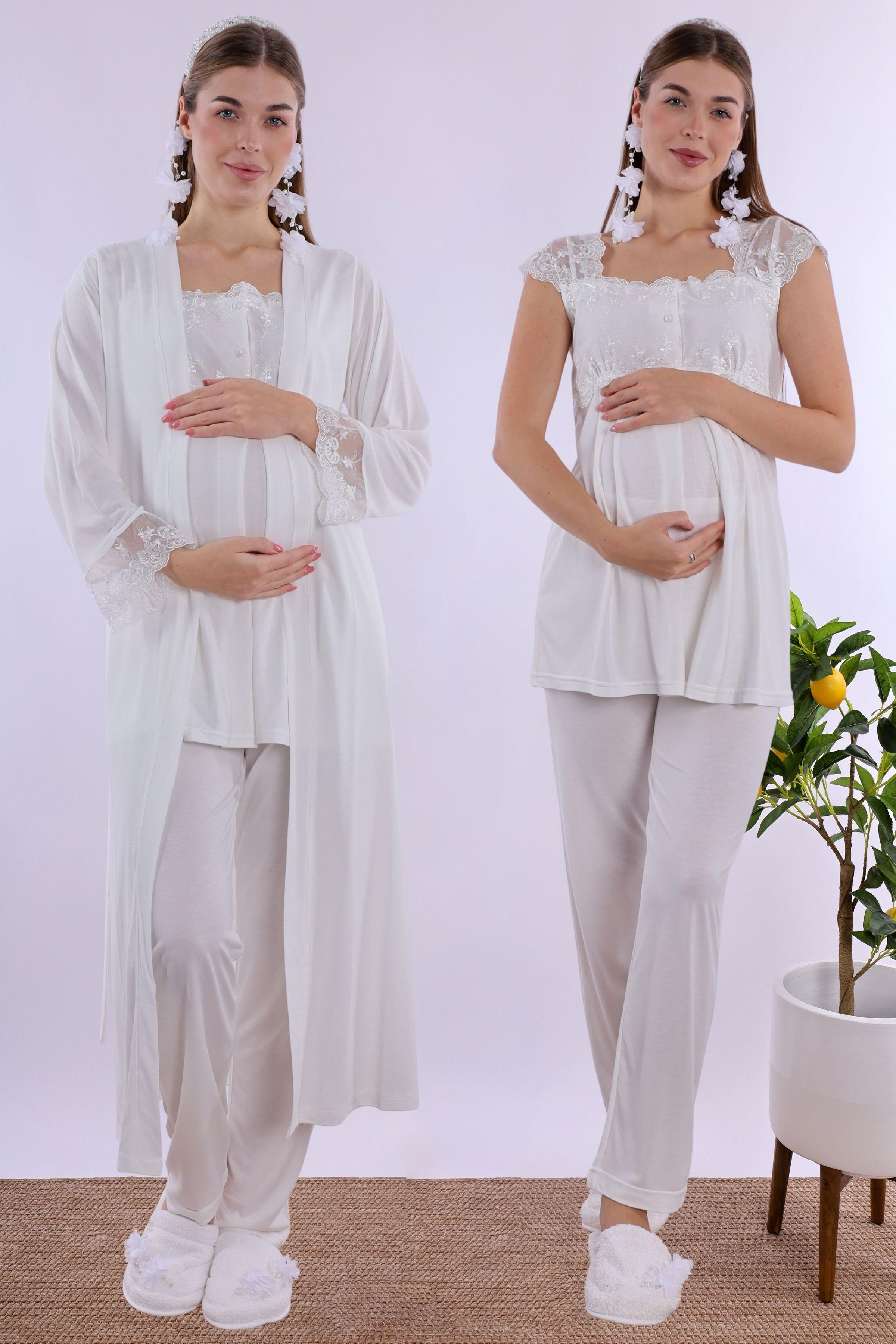 223072 Ekru Uzun Sabahlıklı Hamile Lohusa Pijama Takımı