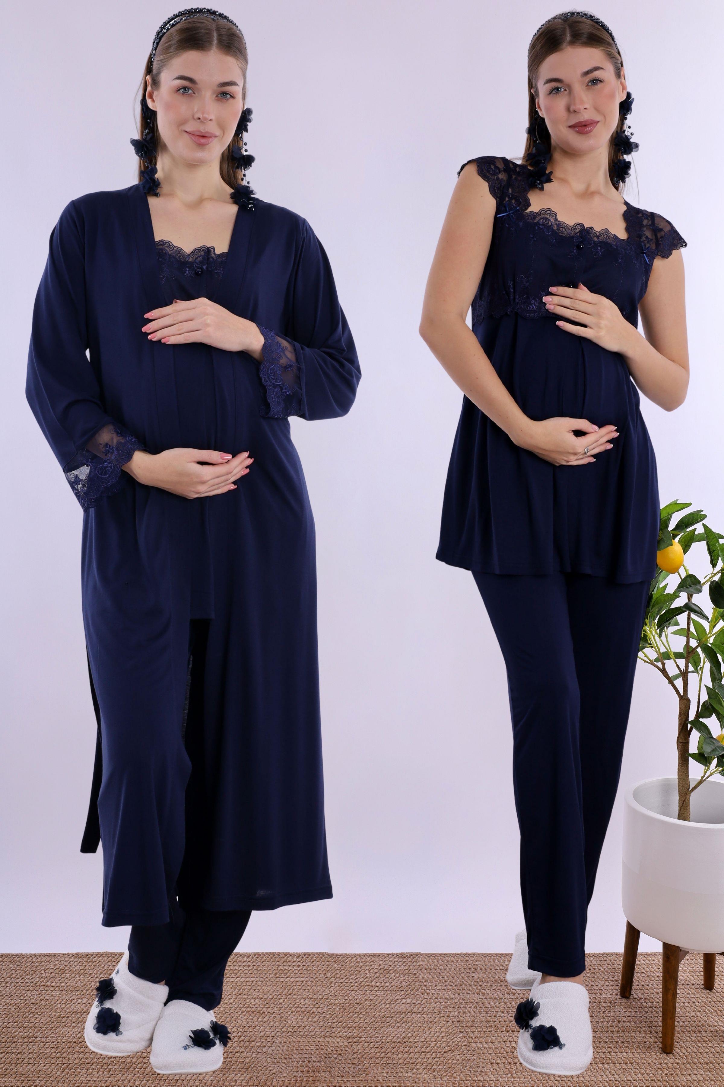 223072 Lacivert Uzun Sabahlıklı Hamile Lohusa Pijama Takımı