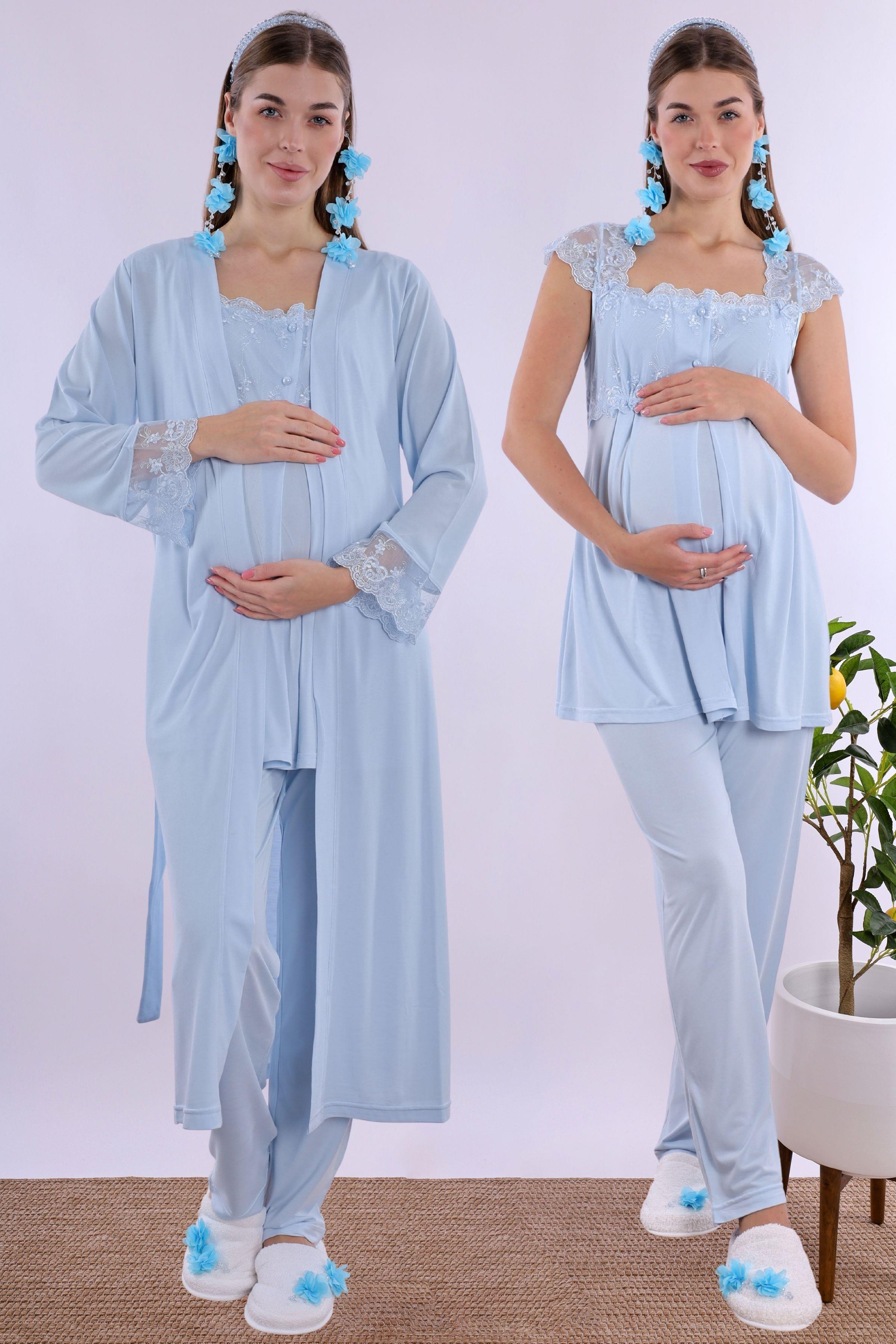223072 Mavi Uzun Sabahlıklı Hamile Lohusa Pijama Takımı