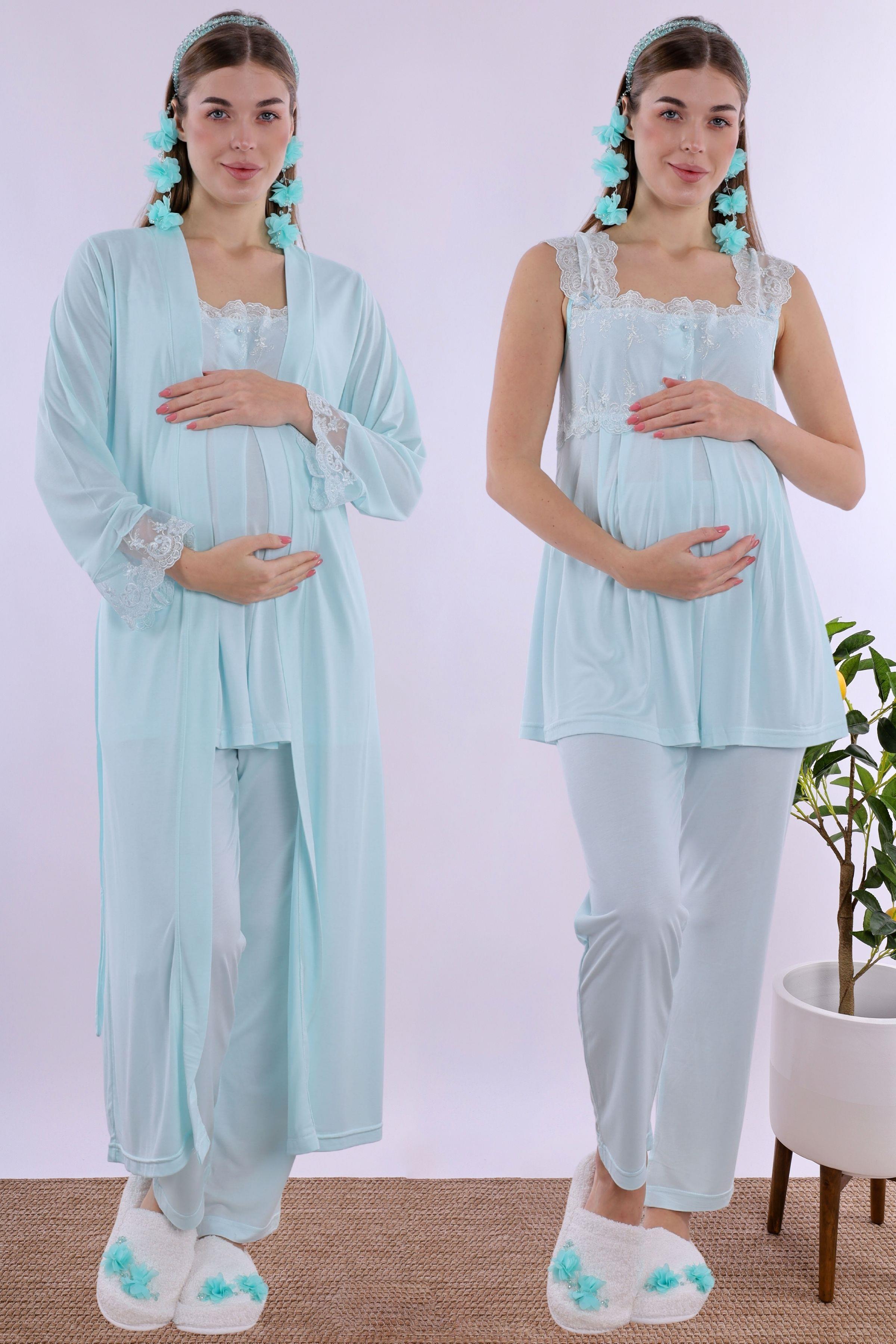 223072 Turkuaz Uzun Sabahlıklı Hamile Lohusa Pijama Takımı