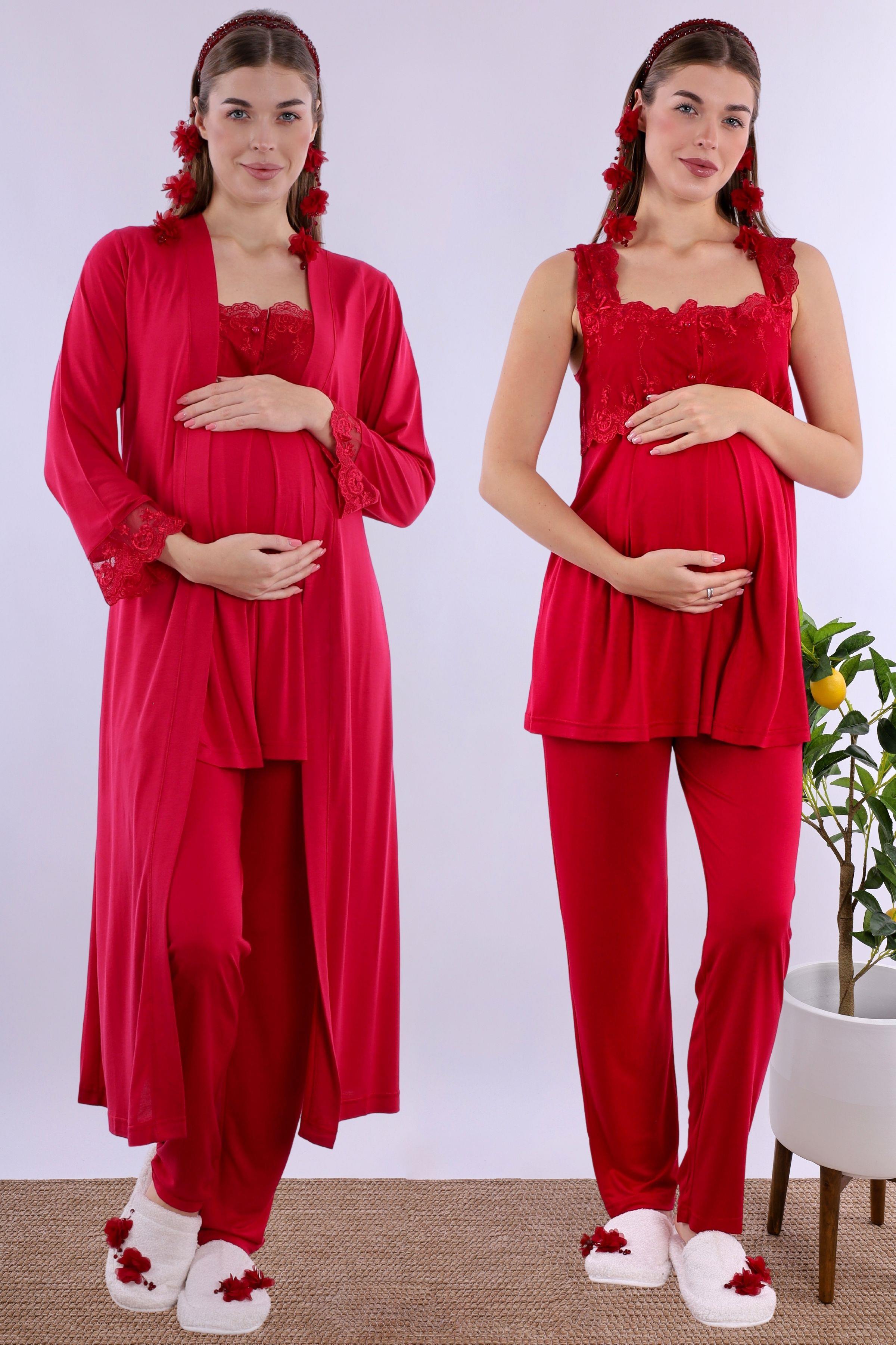 223072 Vişne Uzun Sabahlıklı Hamile Lohusa Pijama Takımı