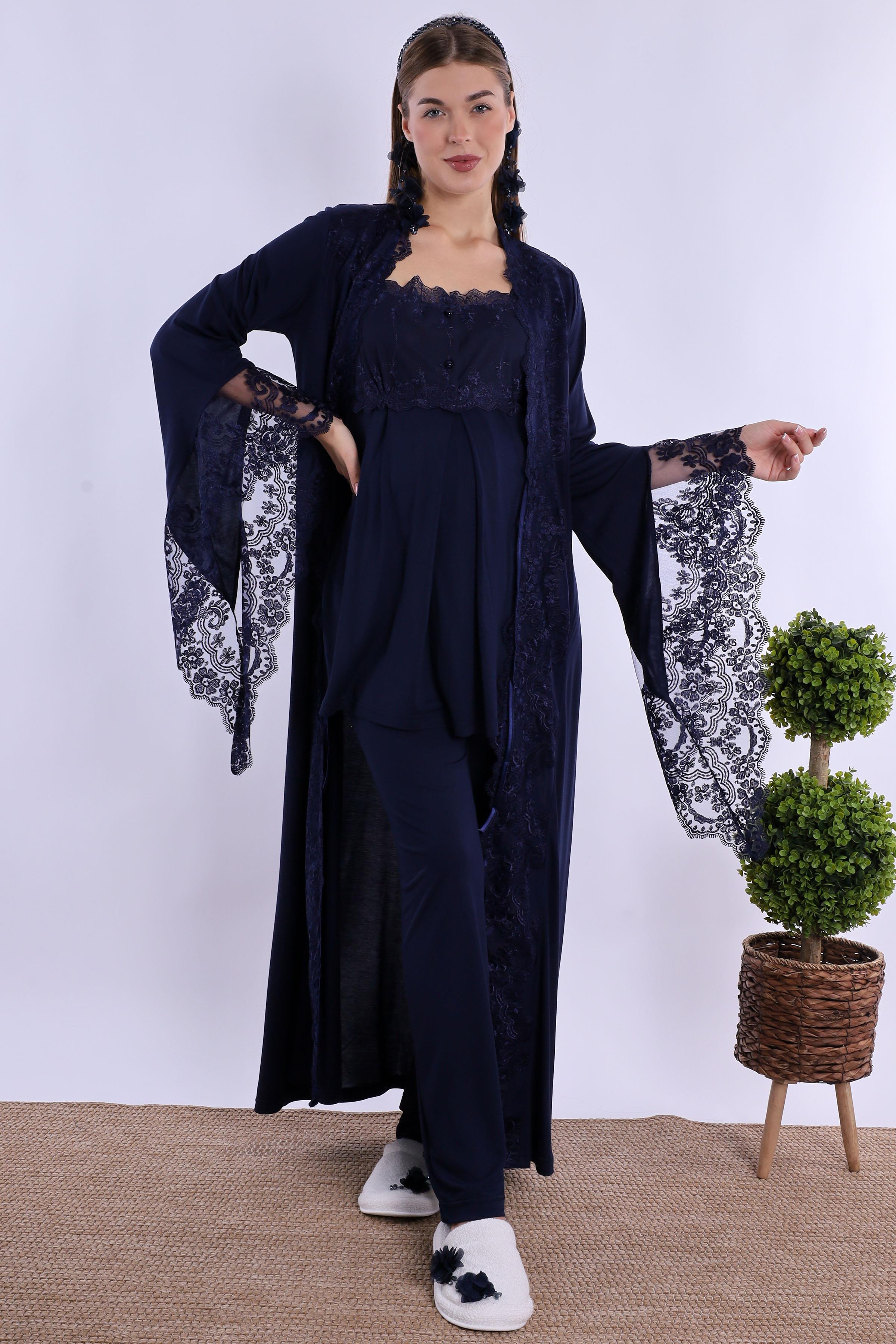 230182 Lacivert Sabahlıklı Hamile Lohusa Pijama Takımı