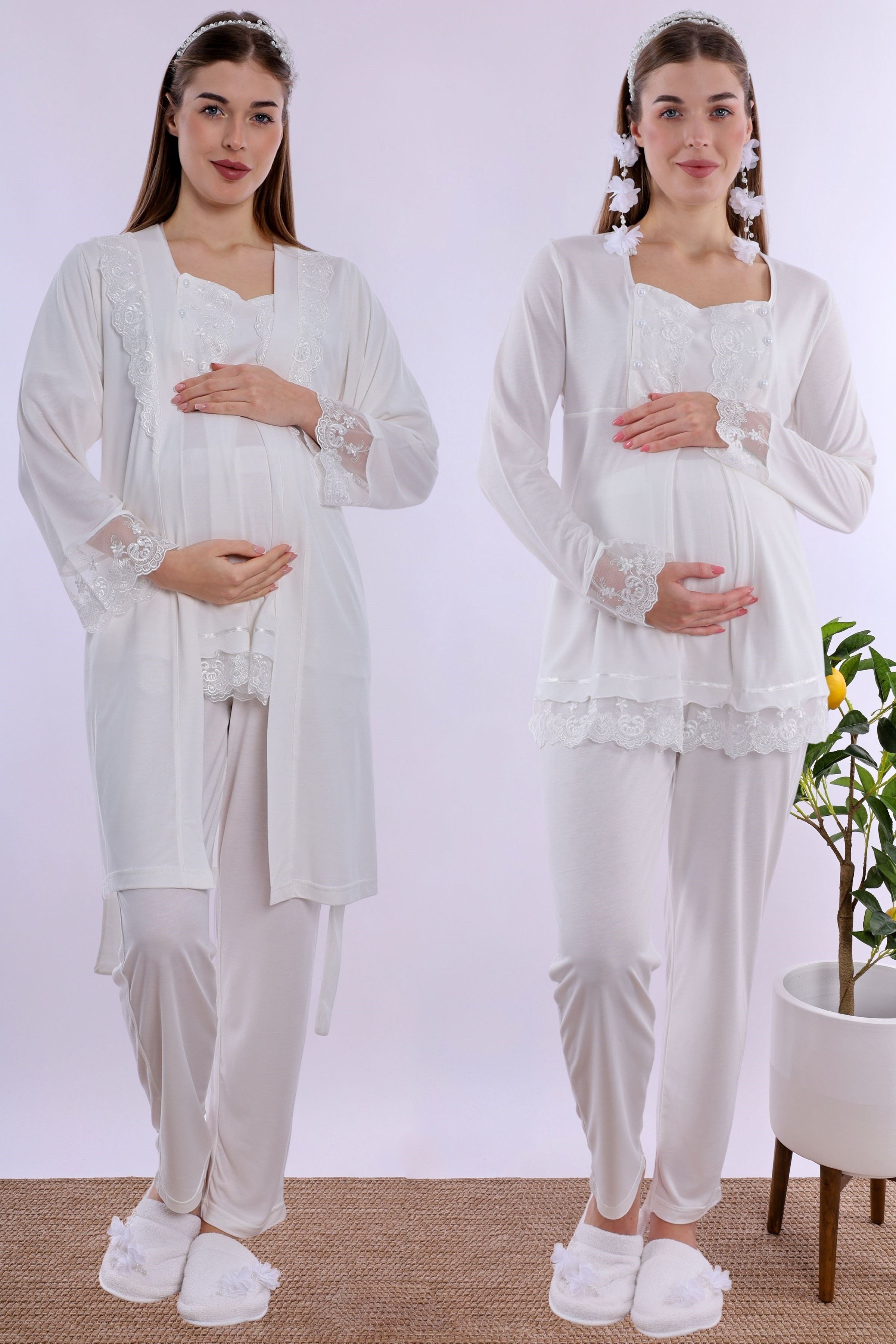 230442 Rahat Kesim Emzirme Özellikli Sabahlıklı Hamile Lohusa Pijama Takımı  - Ekru
