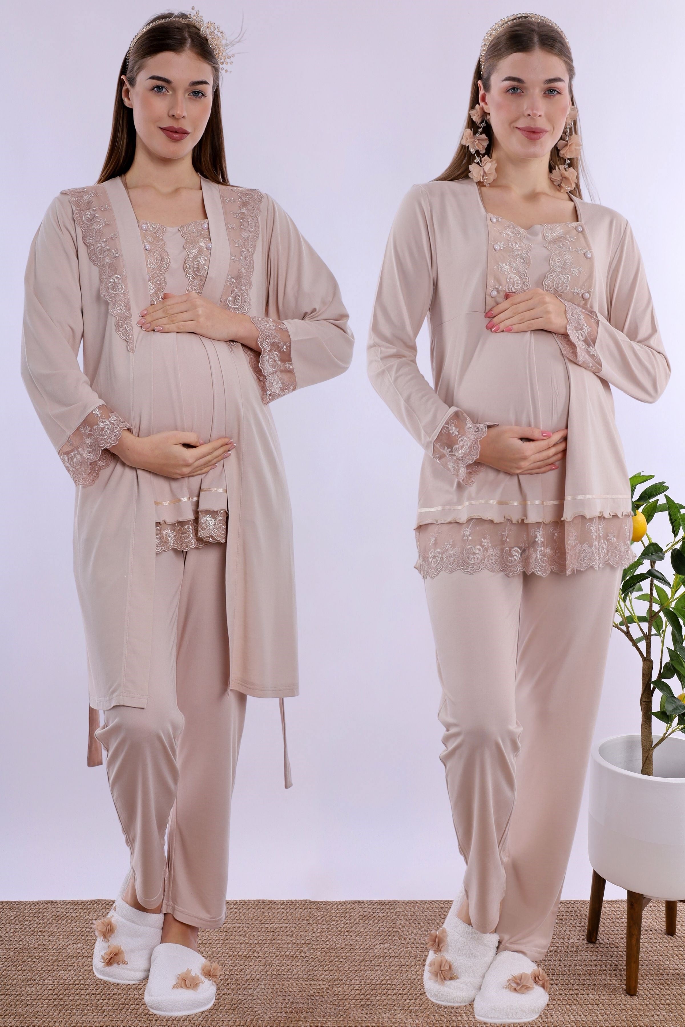 230442 Rahat Kesim Emzirme Özellikli Sabahlıklı Hamile Lohusa Pijama Takımı  - Bej