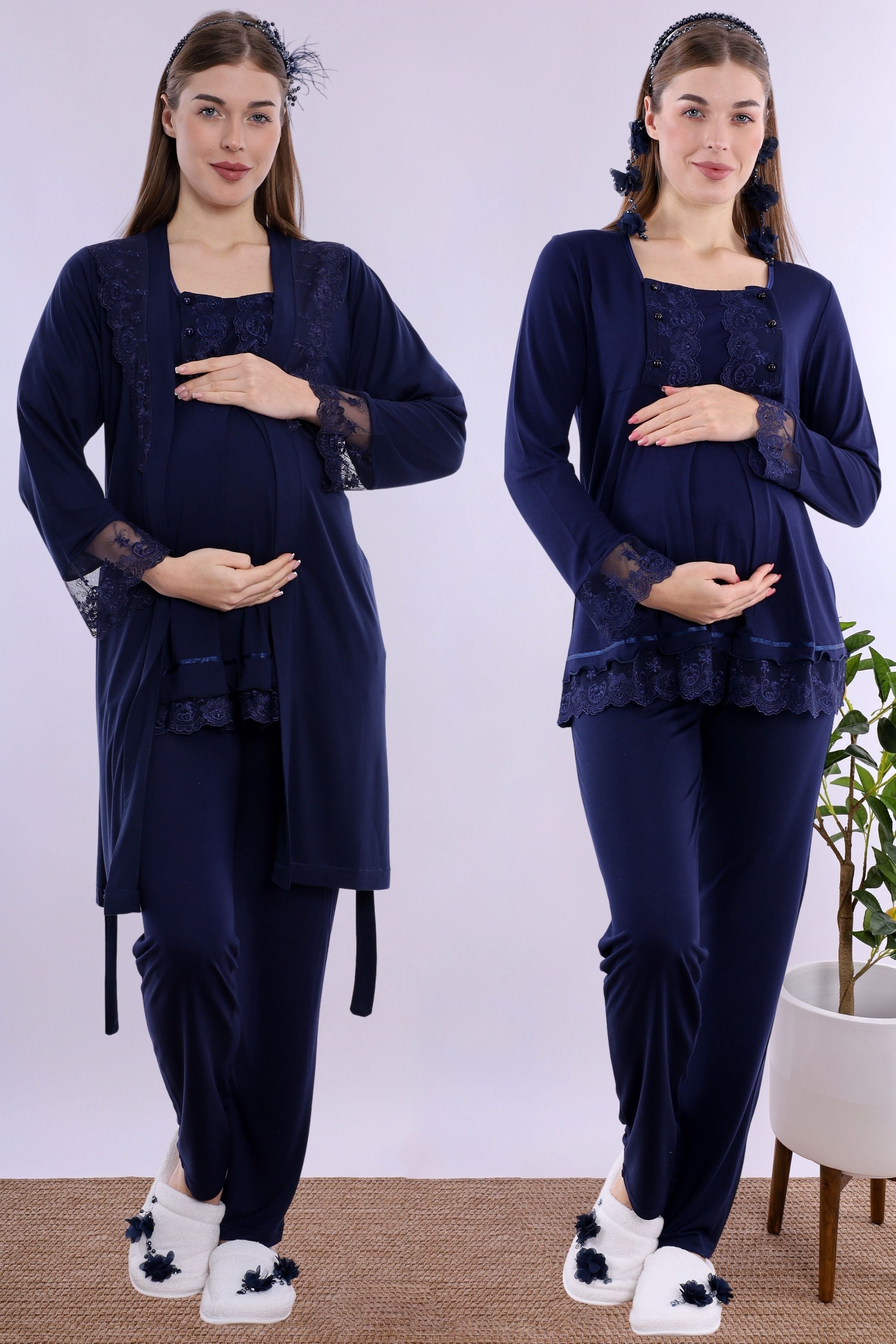 230442 Rahat Kesim Emzirme Özellikli Sabahlıklı Hamile Lohusa Pijama Takımı  - Lacivert