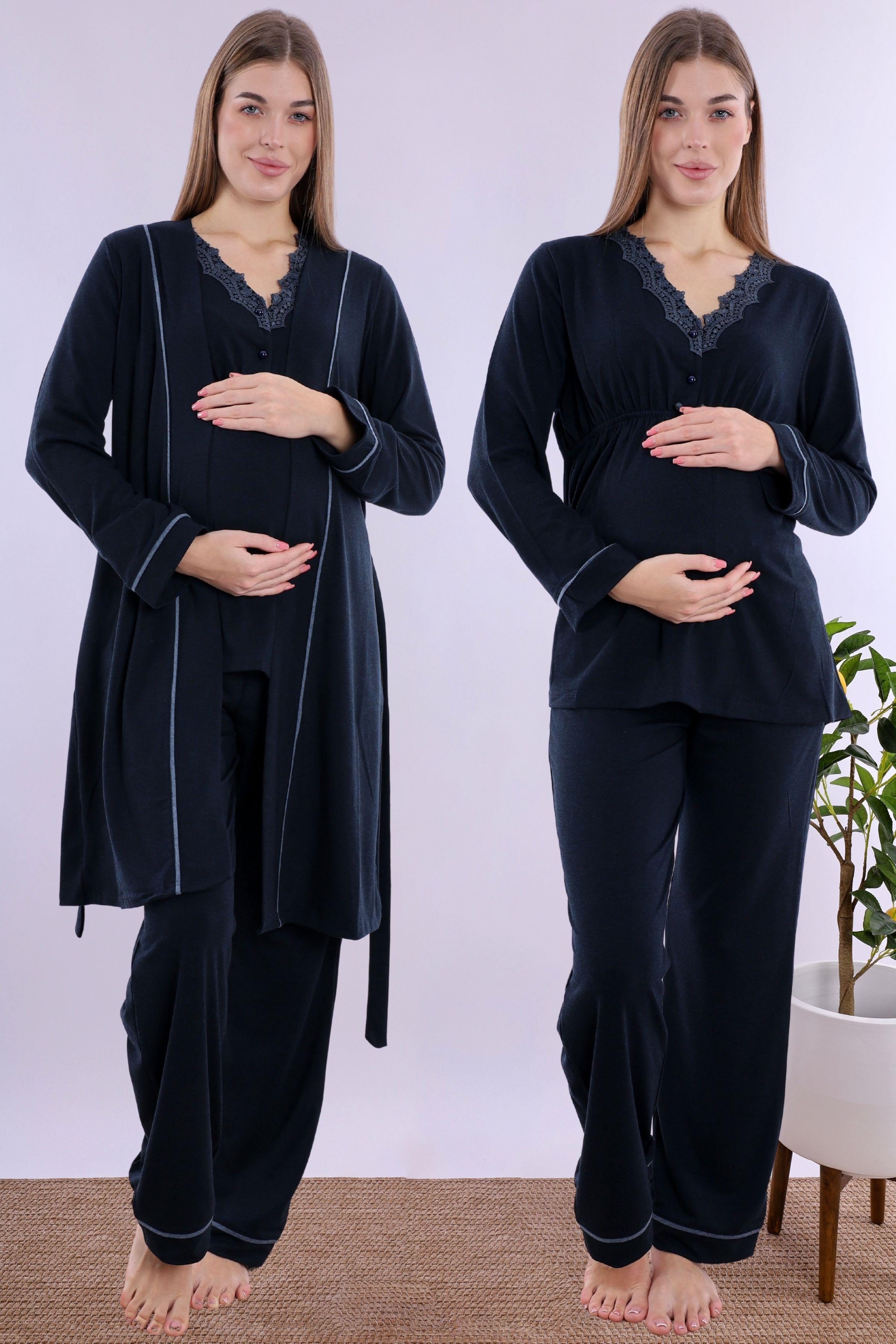 230542 Lacivert Sabahlıklı Hamile Lohusa Pijama Takımı