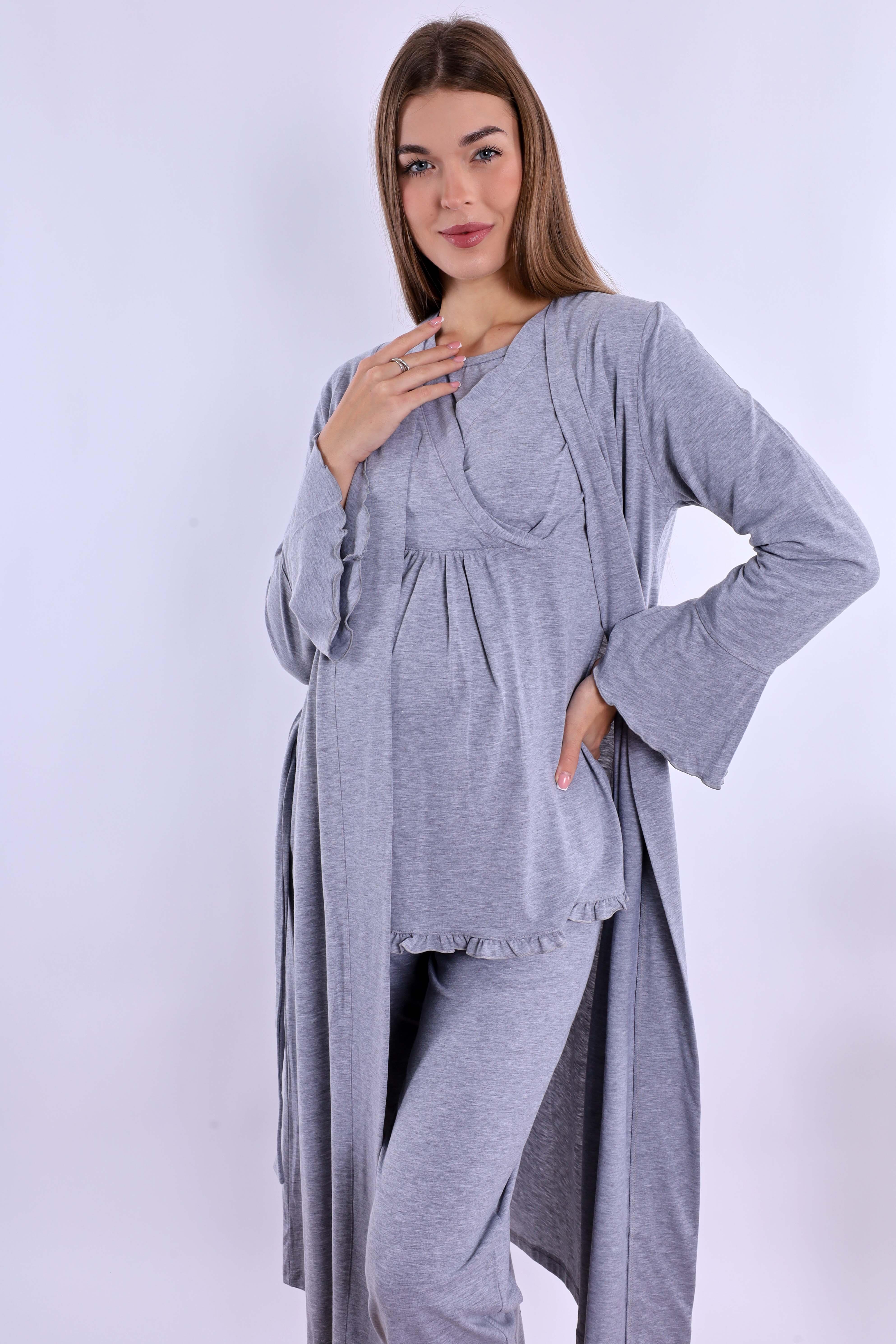 240442 Gri Sabahlıklı Hamile Lohusa Pijama Takımı
