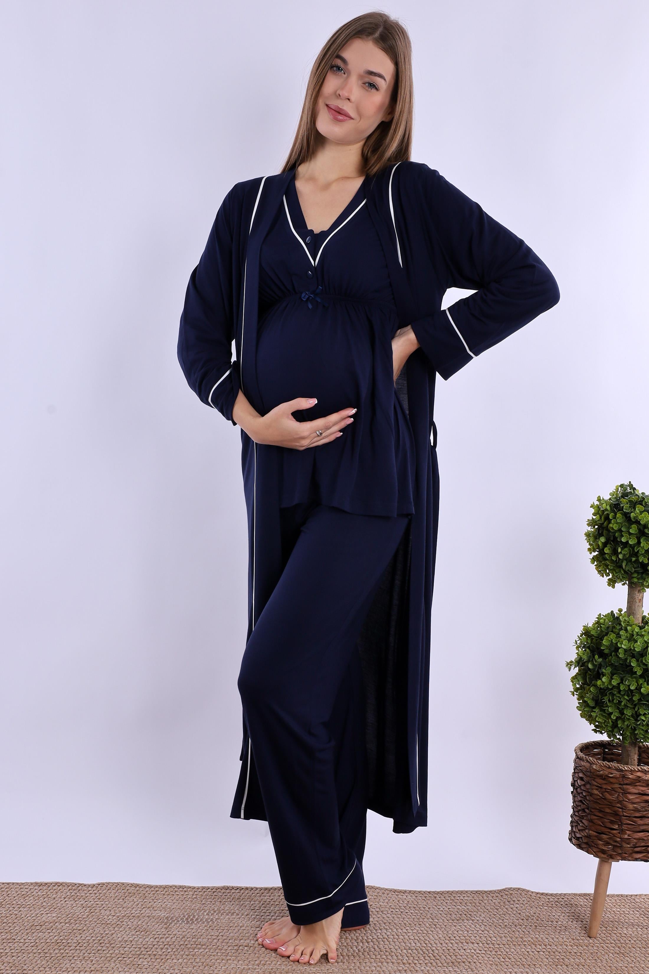 240542 Lacivert Sabahlıklı Hamile Lohusa Pijama Takımı