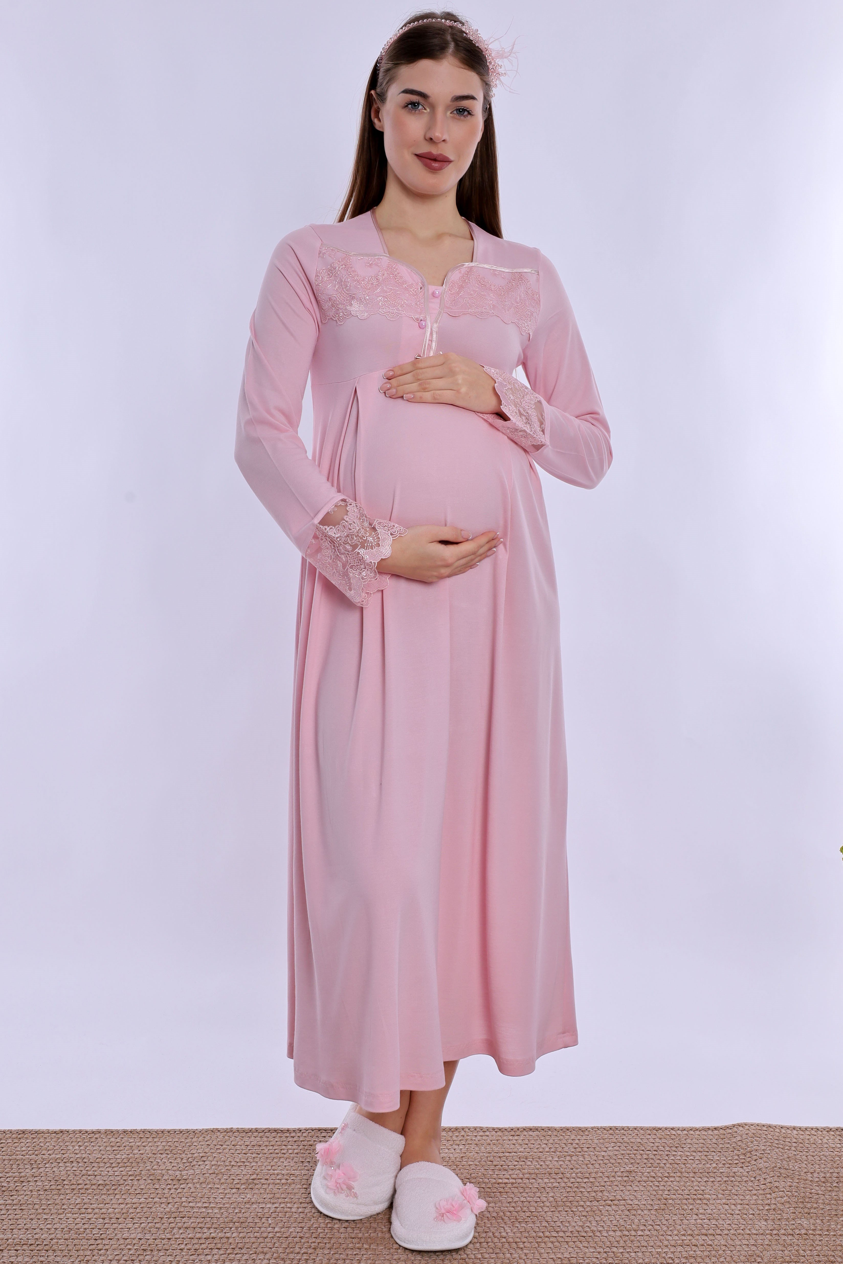 240832 Anne Konforu Emzirme Özellikli Hamile Lohusa Gecelik  - Pembe