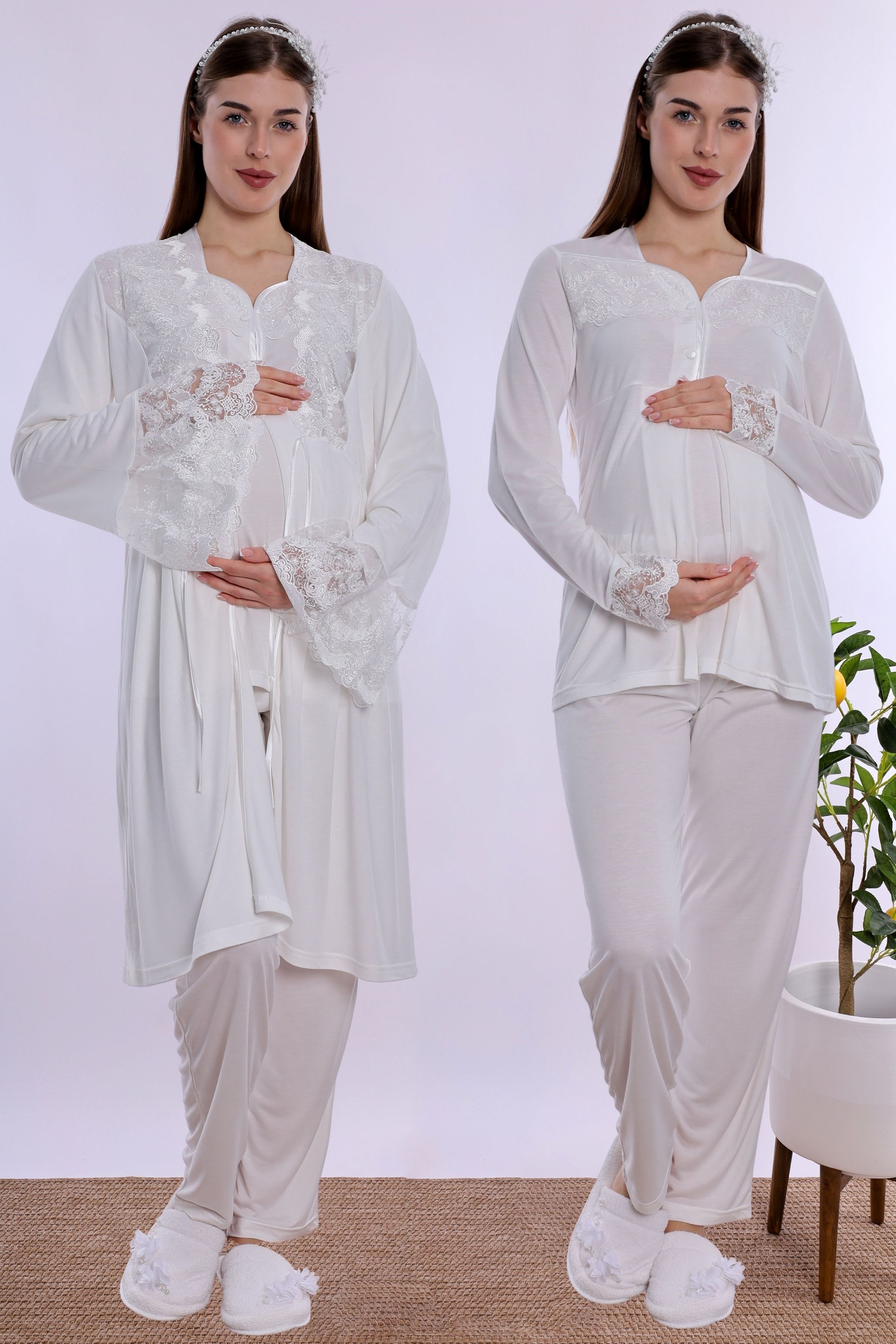 240842 Emzirme Özellikli Sabahlıklı Hamile Lohusa Pijama Takımı  - Ekru