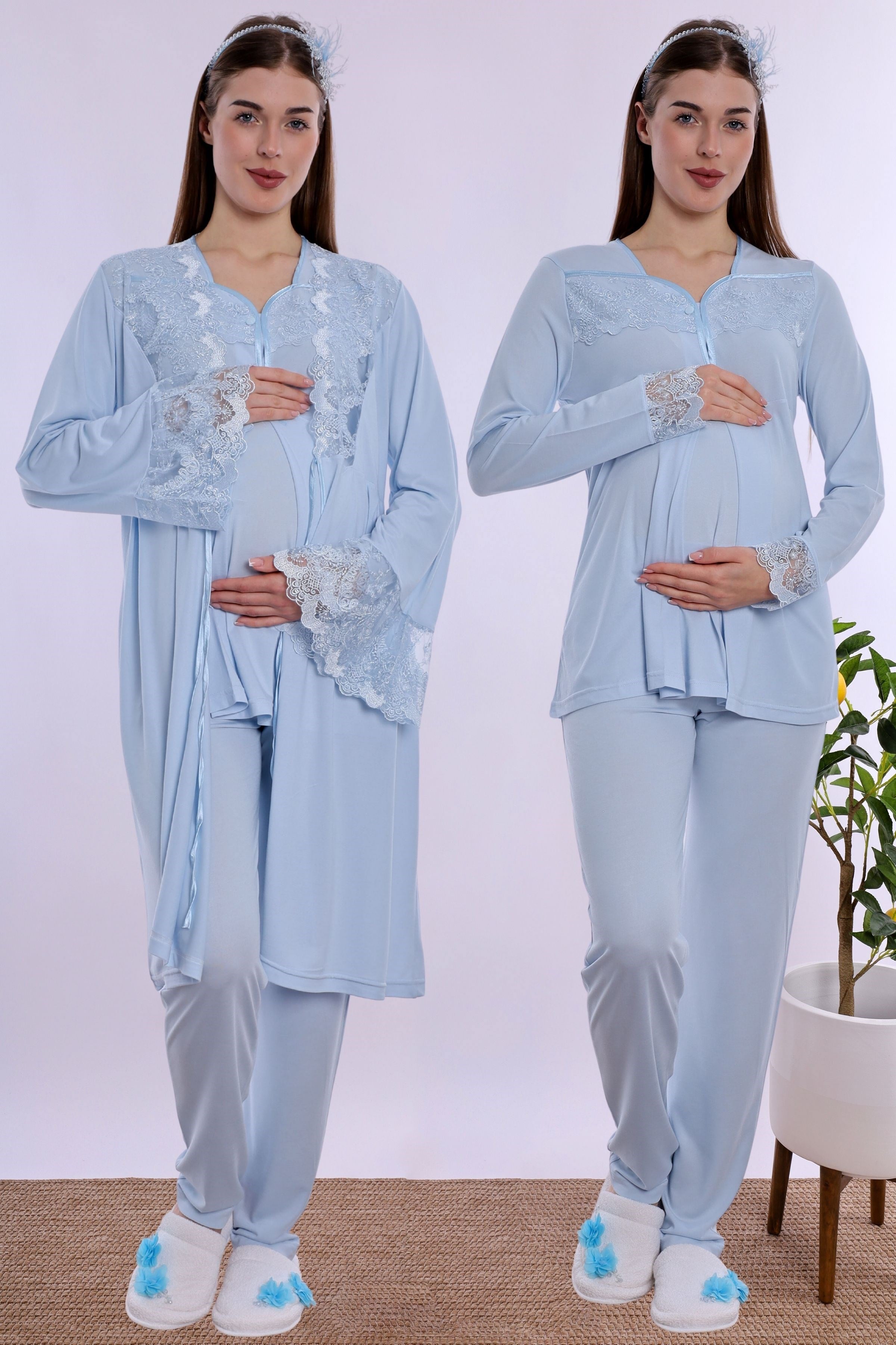 240842 Emzirme Özellikli Sabahlıklı Hamile Lohusa Pijama Takımı  - Mavi