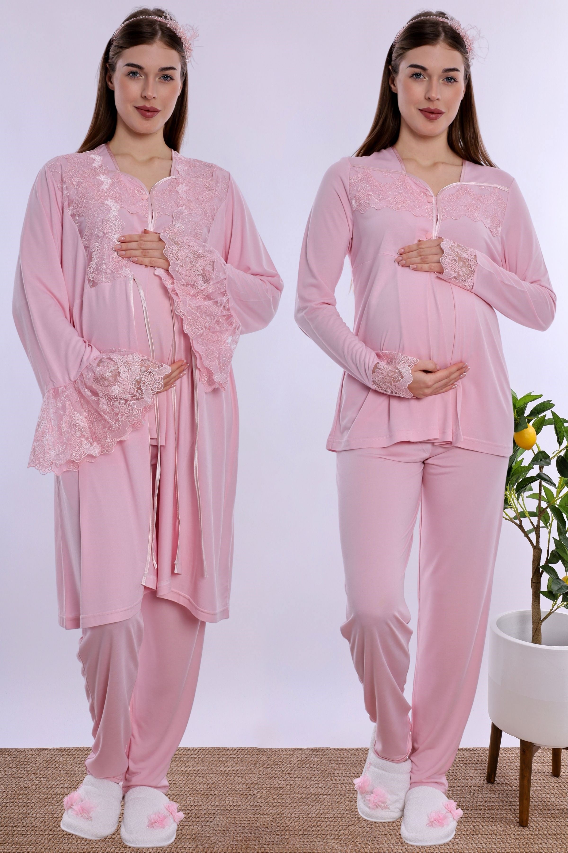 240842 Emzirme Özellikli Sabahlıklı Hamile Lohusa Pijama Takımı  - Pembe