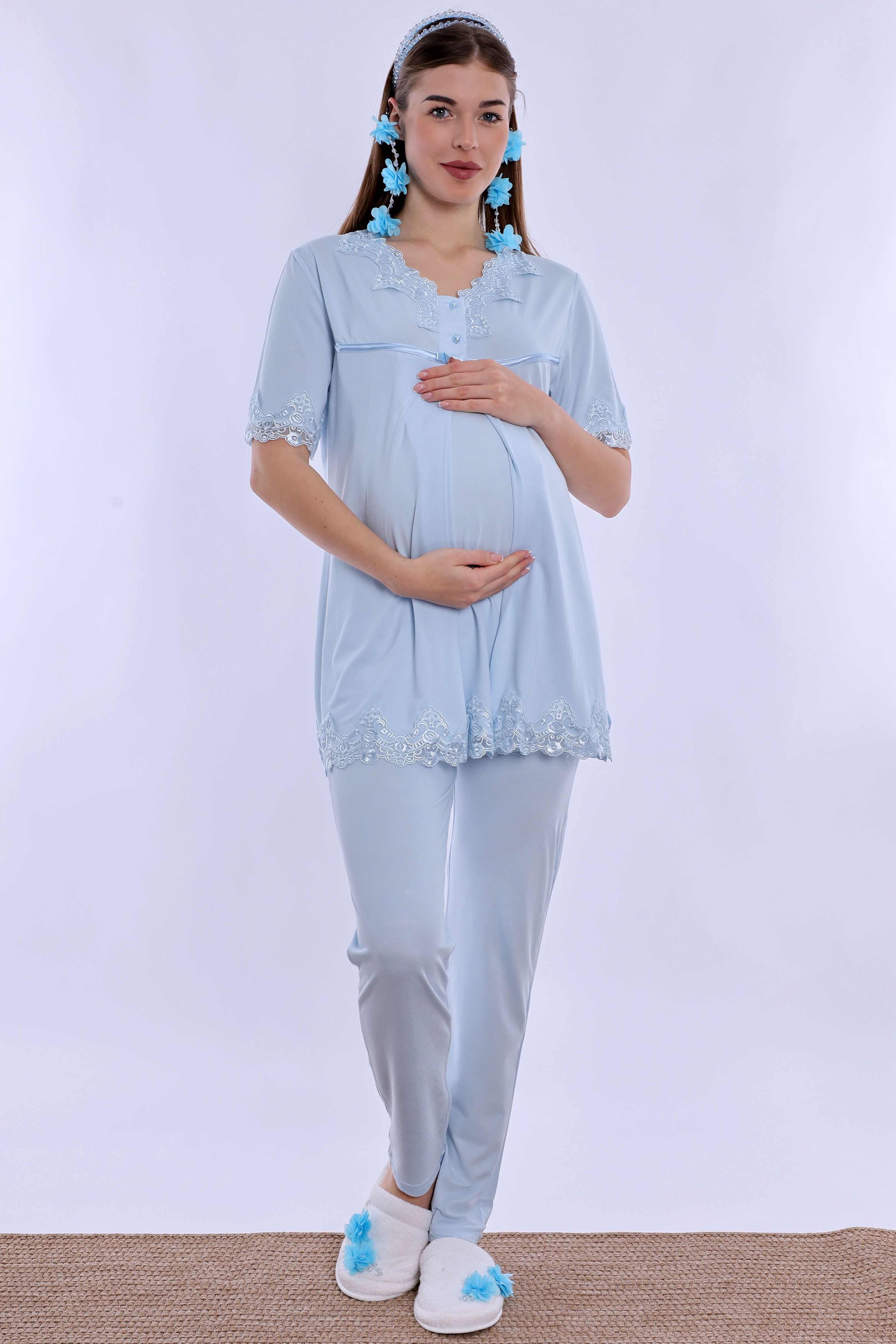 250322 Pamuklu Gizli Emzirme Detaylı Hamile Lohusa Pijama Takımı  - Mavi