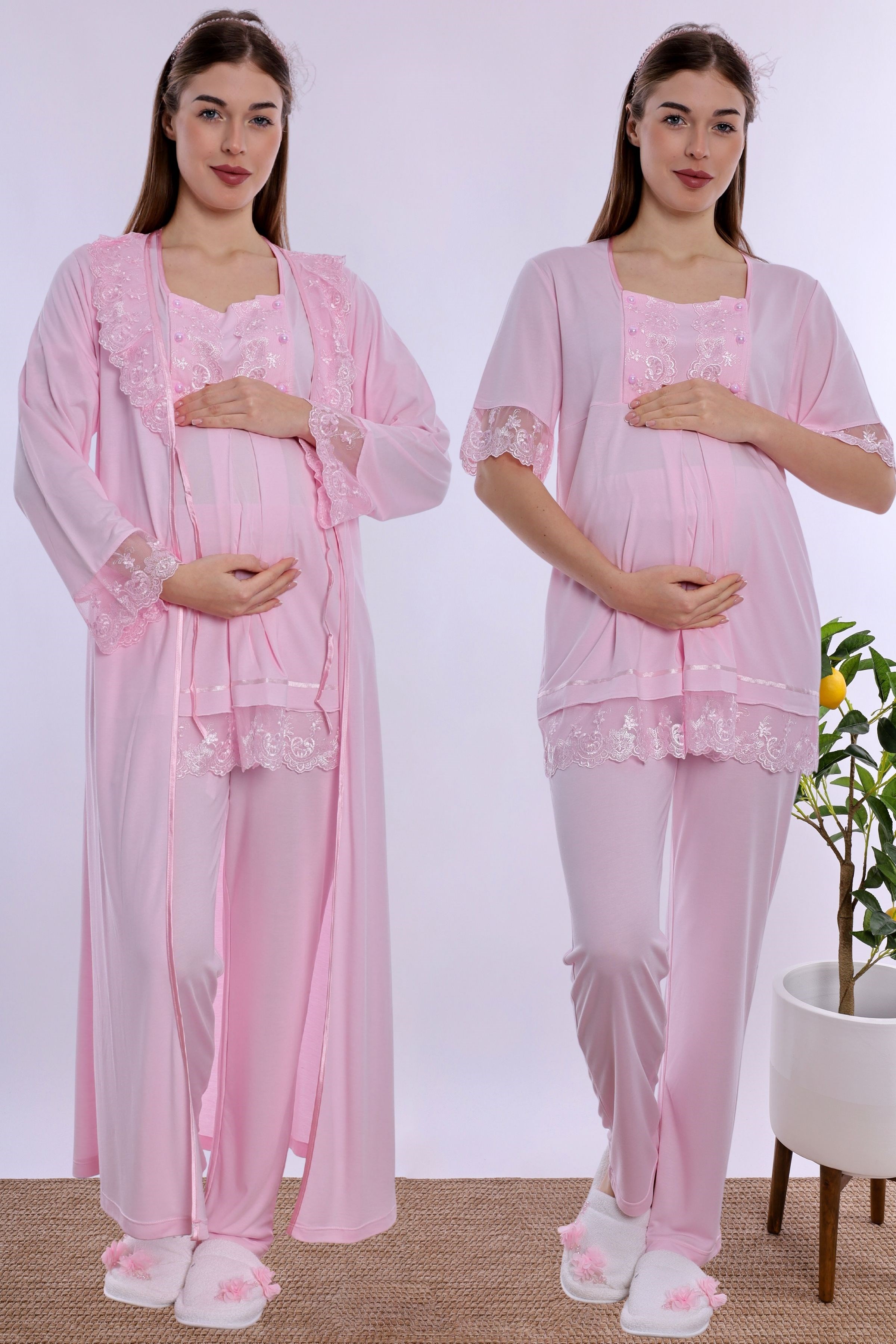 260372 Pamuklu Uzun Sabahlıklı Hamile Lohusa Emzirme Pijama Takımı  - Pembe