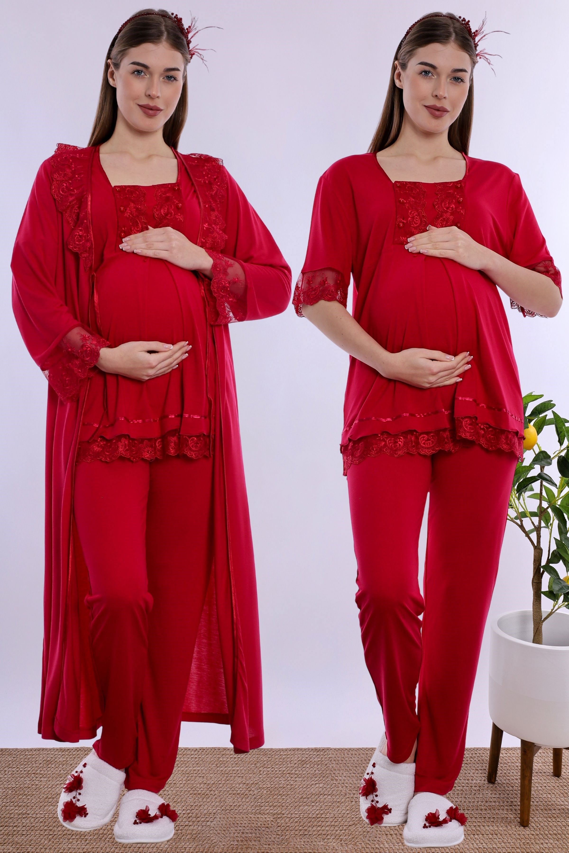 260372 Pamuklu Uzun Sabahlıklı Hamile Lohusa Emzirme Pijama Takımı  - Vişne