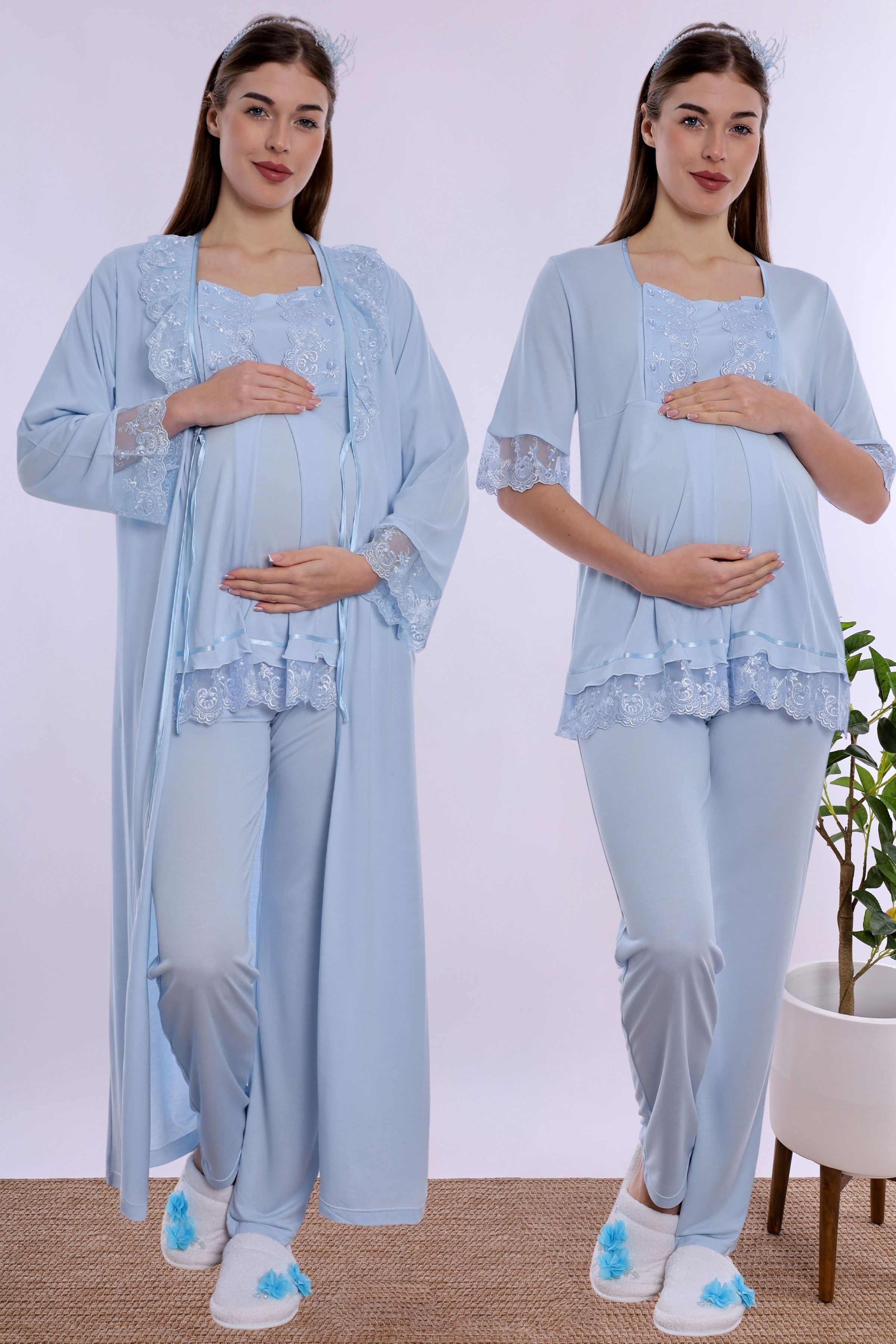 260372 Pamuklu Uzun Sabahlıklı Hamile Lohusa Emzirme Pijama Takımı  - Mavi