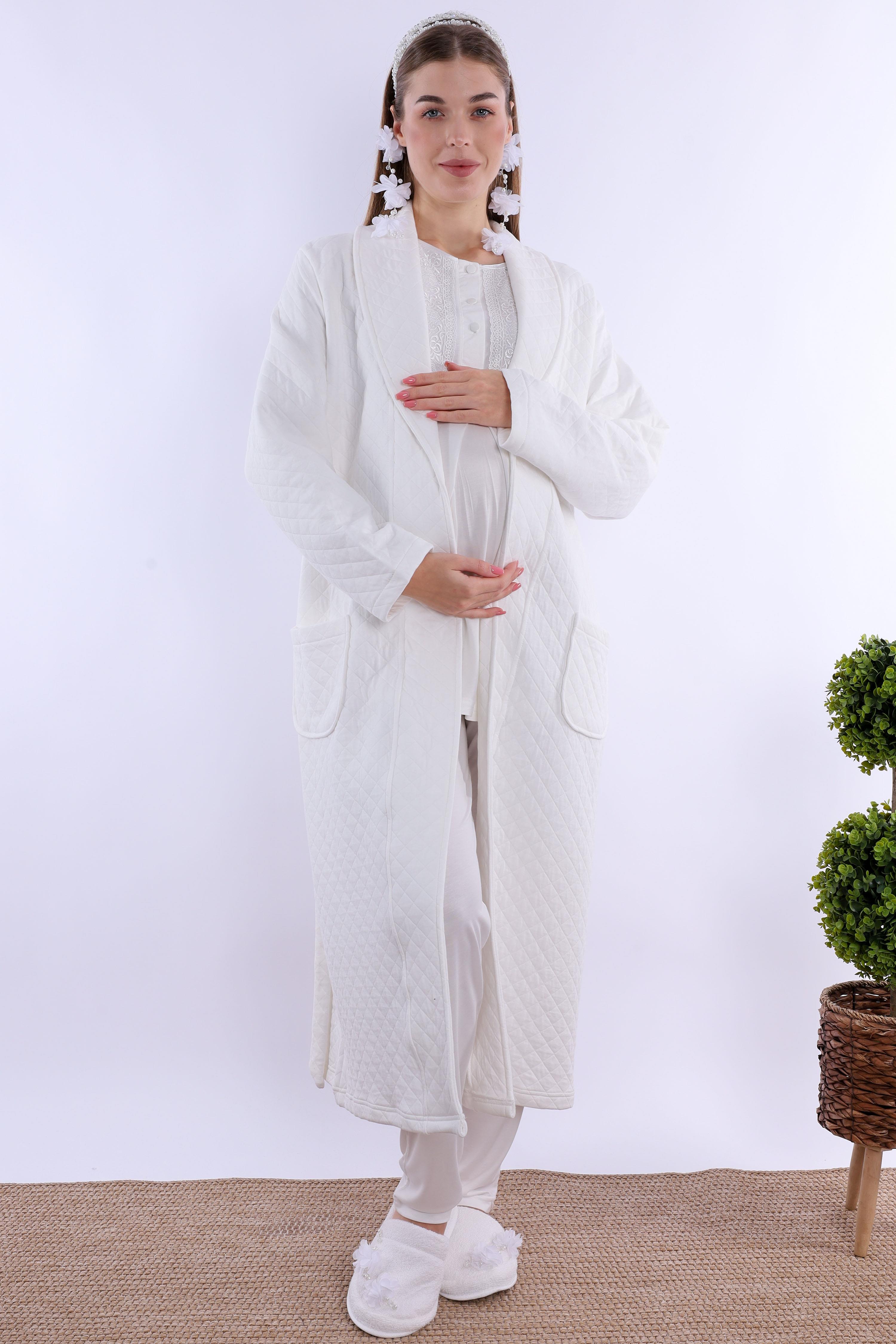 260542 Ekru Kapitone Sabahlıklı Hamile Lohusa Pijama Takımı