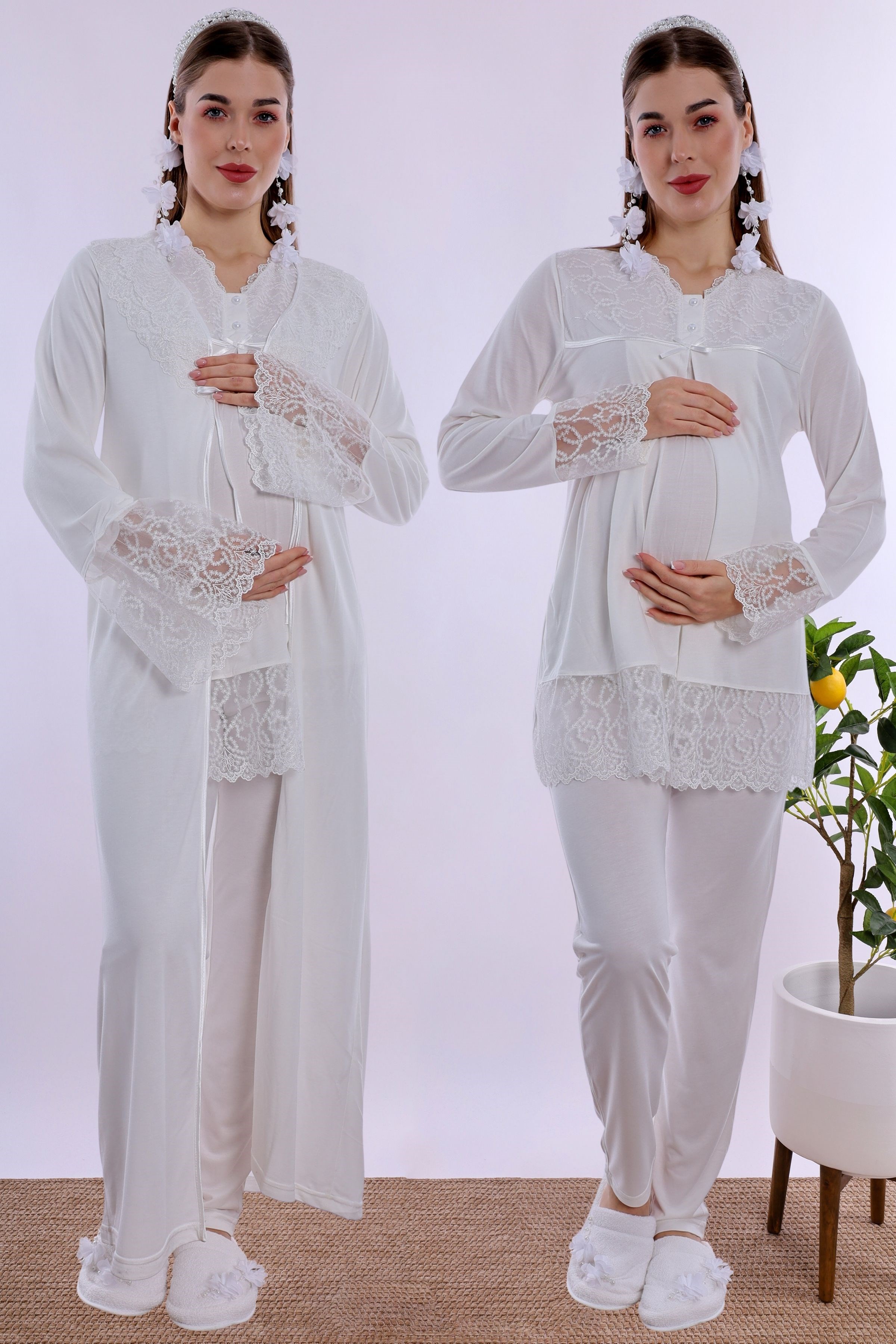 270442 Gizli Emzirme Özellikli Pamuklu Sabahlıklı Hamile Lohusa Pijama Takımı  - Ekru