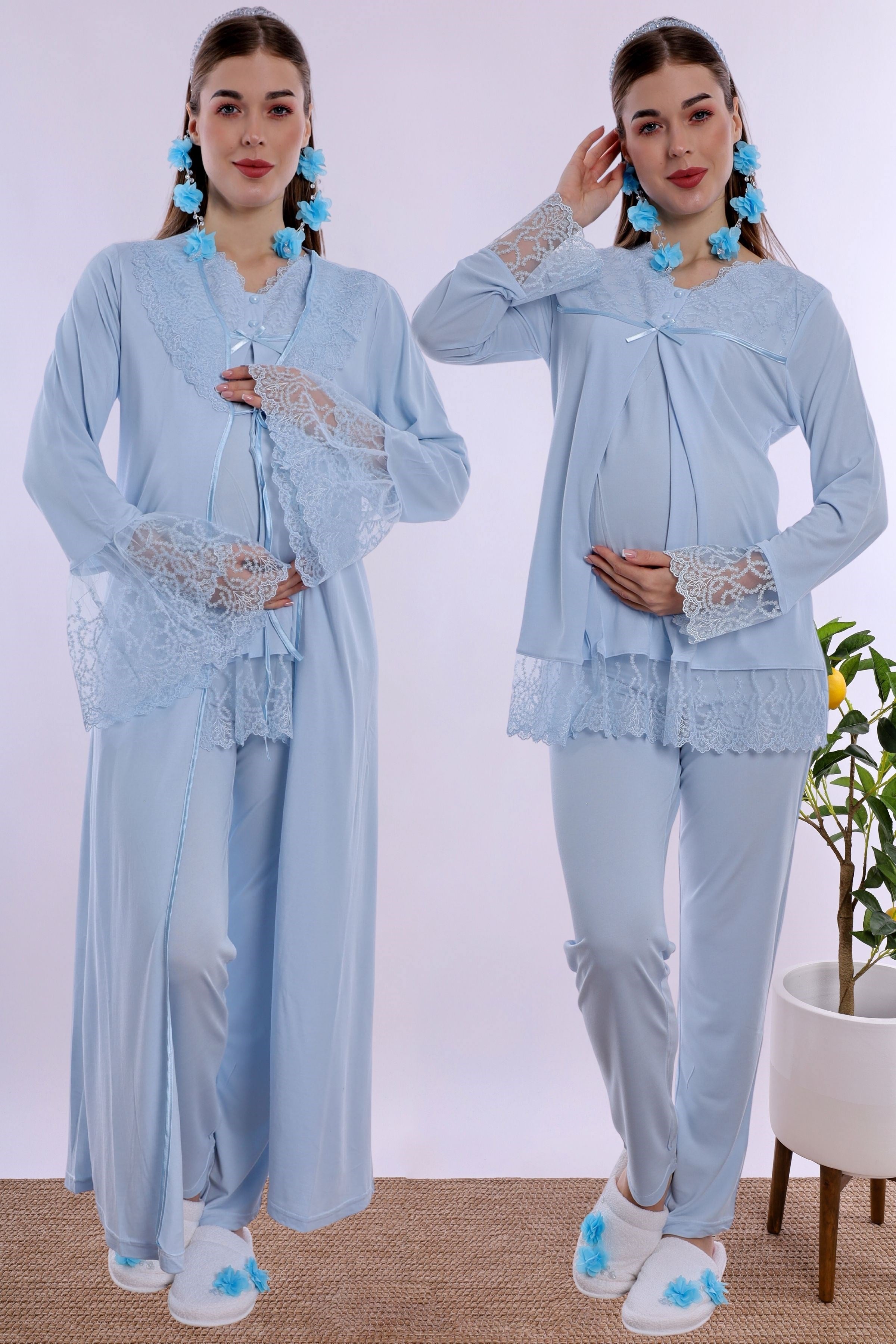 270442 Gizli Emzirme Özellikli Pamuklu Sabahlıklı Hamile Lohusa Pijama Takımı  - Mavi