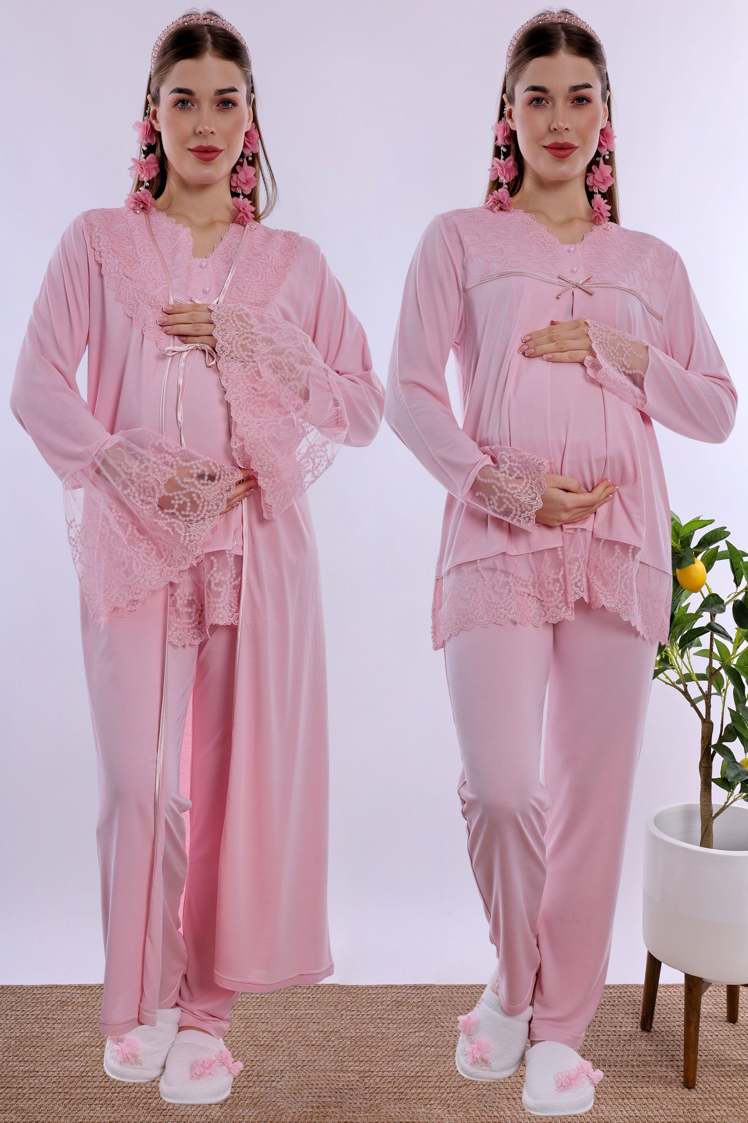 270442 Gizli Emzirme Özellikli Pamuklu Sabahlıklı Hamile Lohusa Pijama Takımı  - Pembe