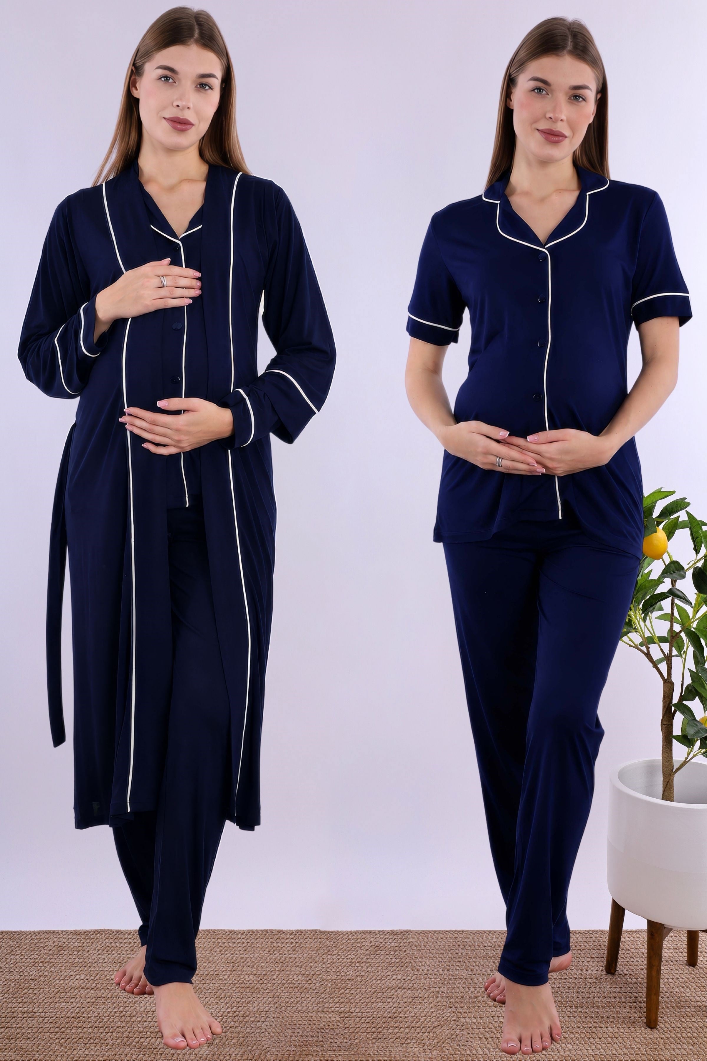 280682 Lacivert Sabahlıklı Hamile Lohusa Pijama Takımı