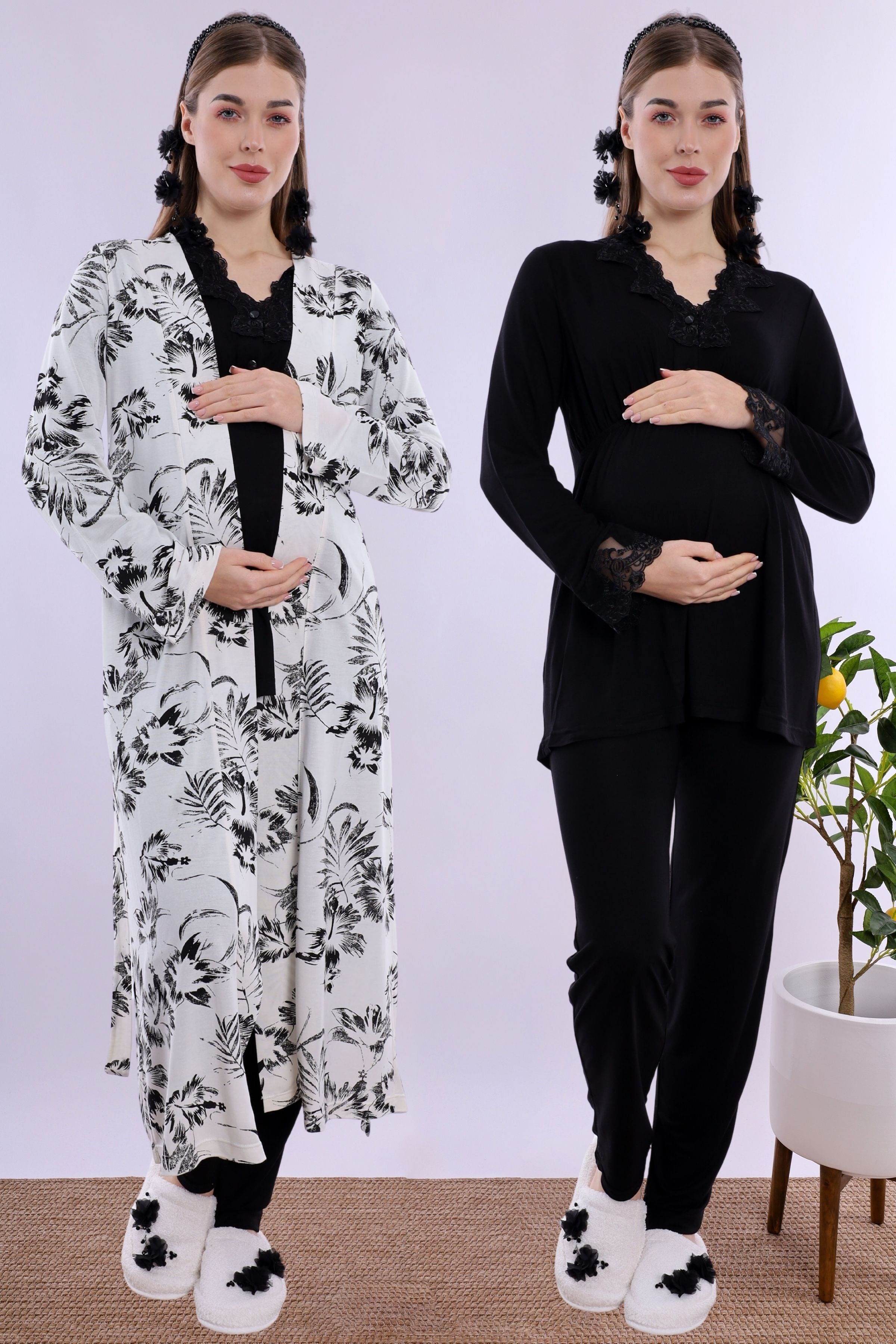 280942 Emzirme Özellikli Sabahlıklı Hamile Lohusa Pijama Takımı - Siyah