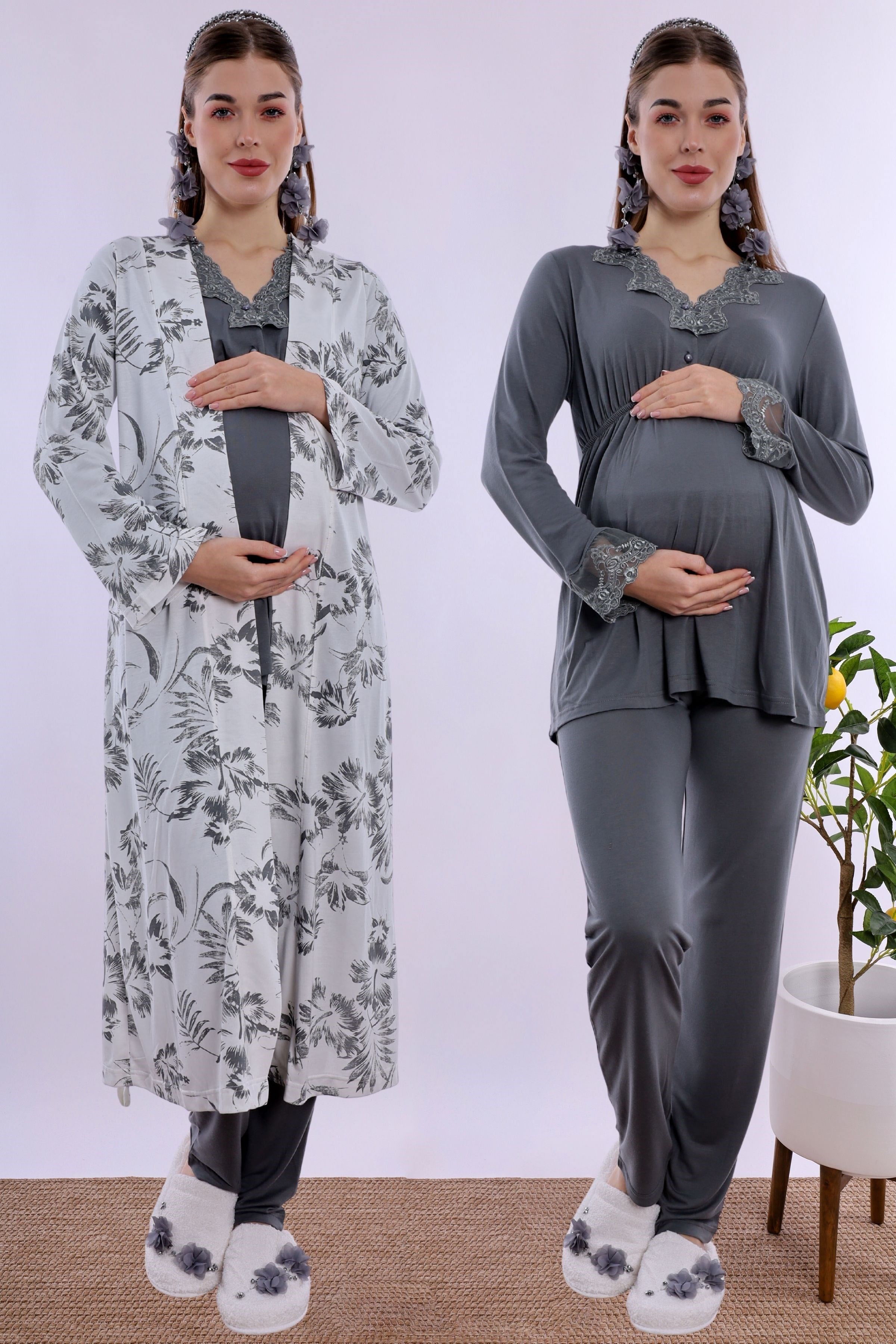280942 Füme Sabahlıklı Hamile Lohusa Pijama Takımı
