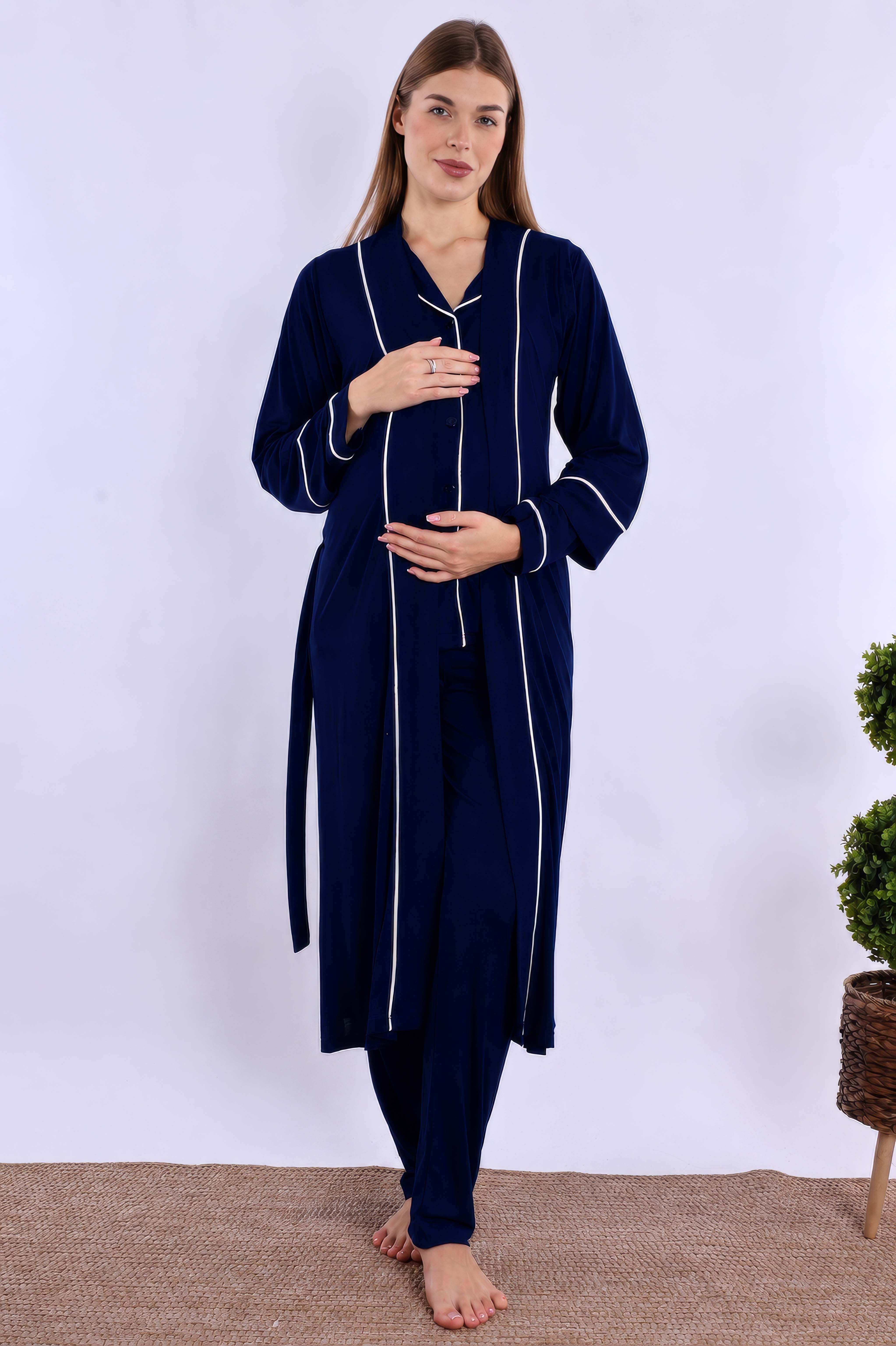 280982 Lacivert Sabahlıklı Hamile Lohusa Pijama Takımı
