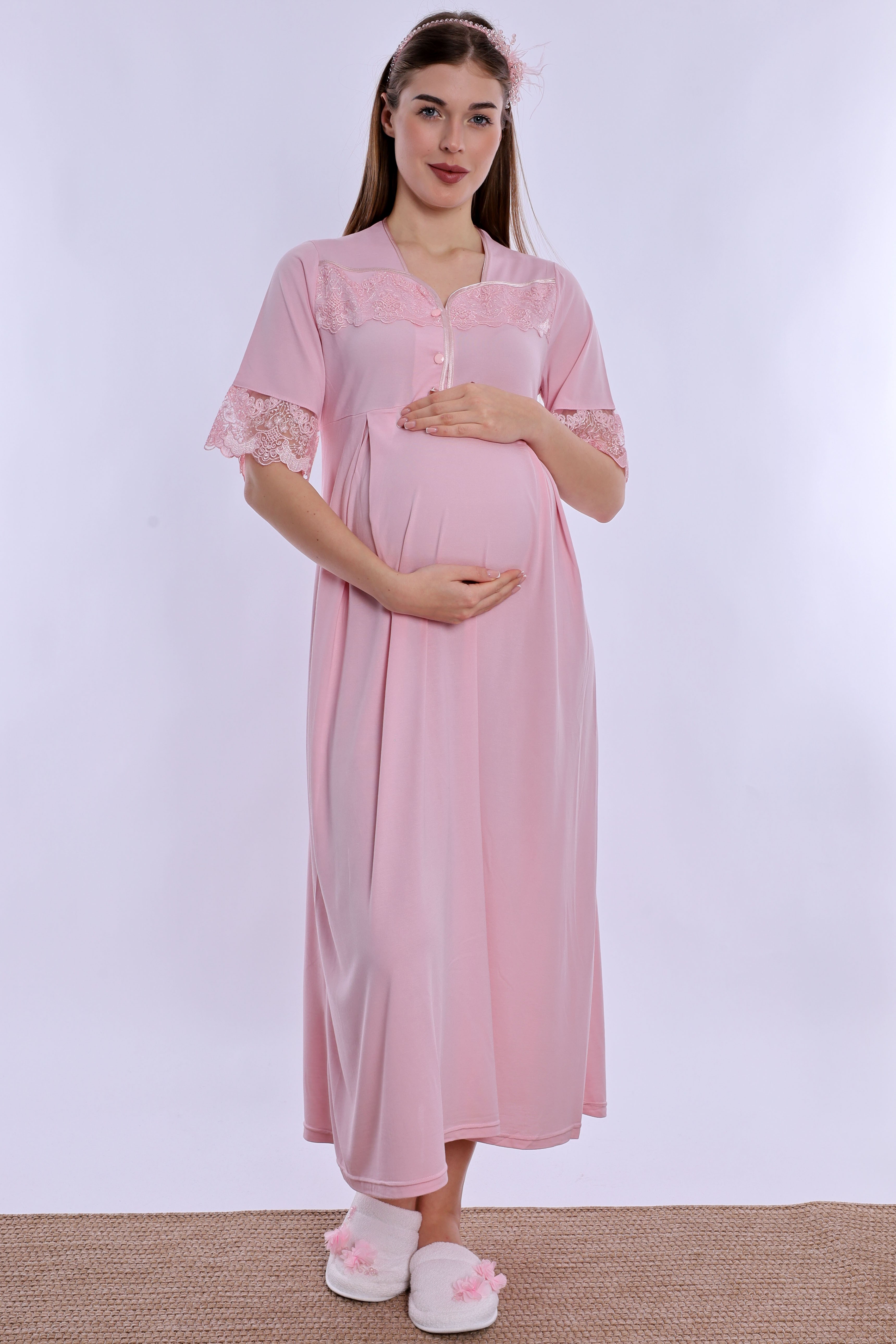 290132 Anne Konforu Emzirme Özellikli Hamile Lohusa Gecelik  - Pembe