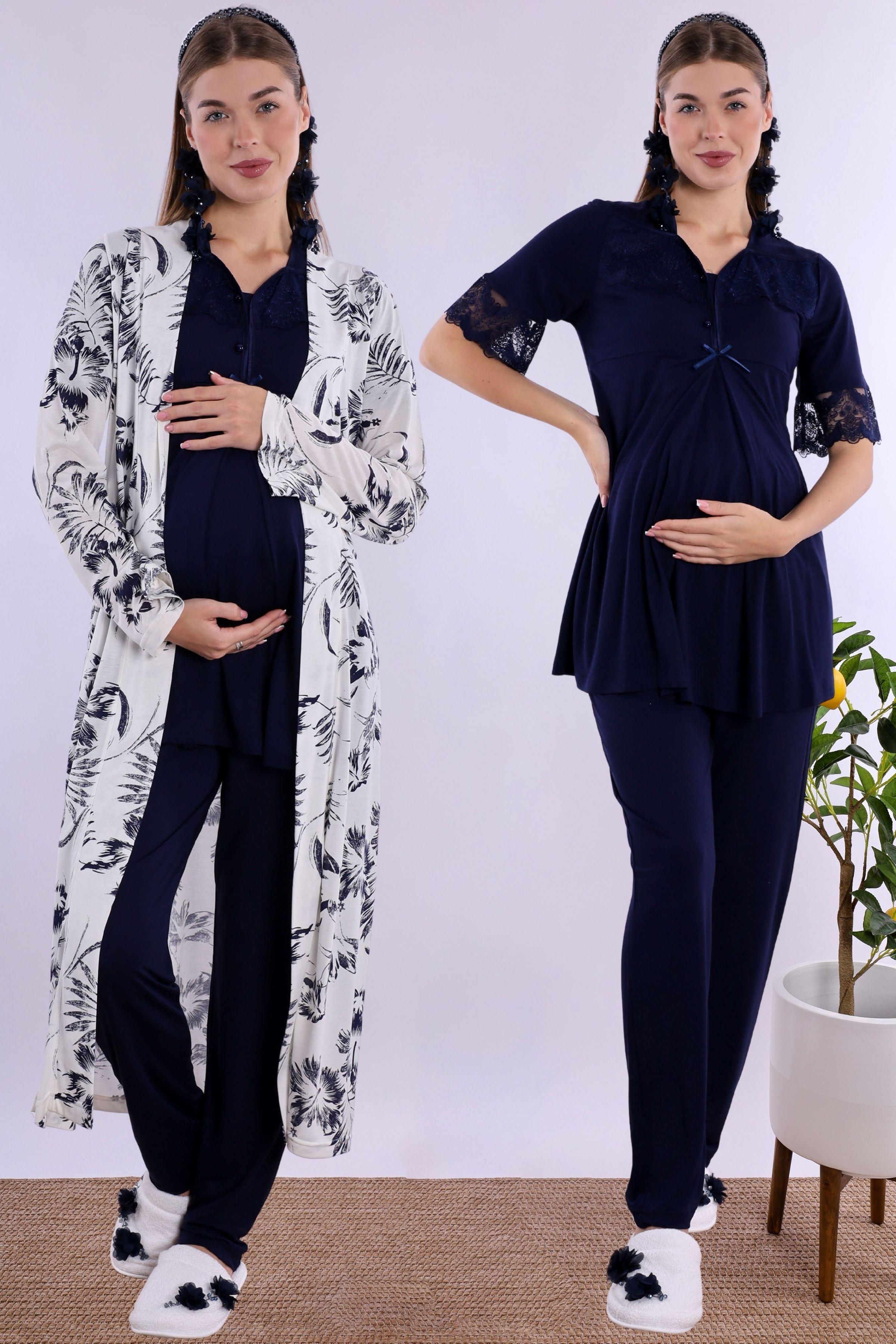 290182 Lacivert Sabahlıklı Hamile Lohusa Pijama Takımı