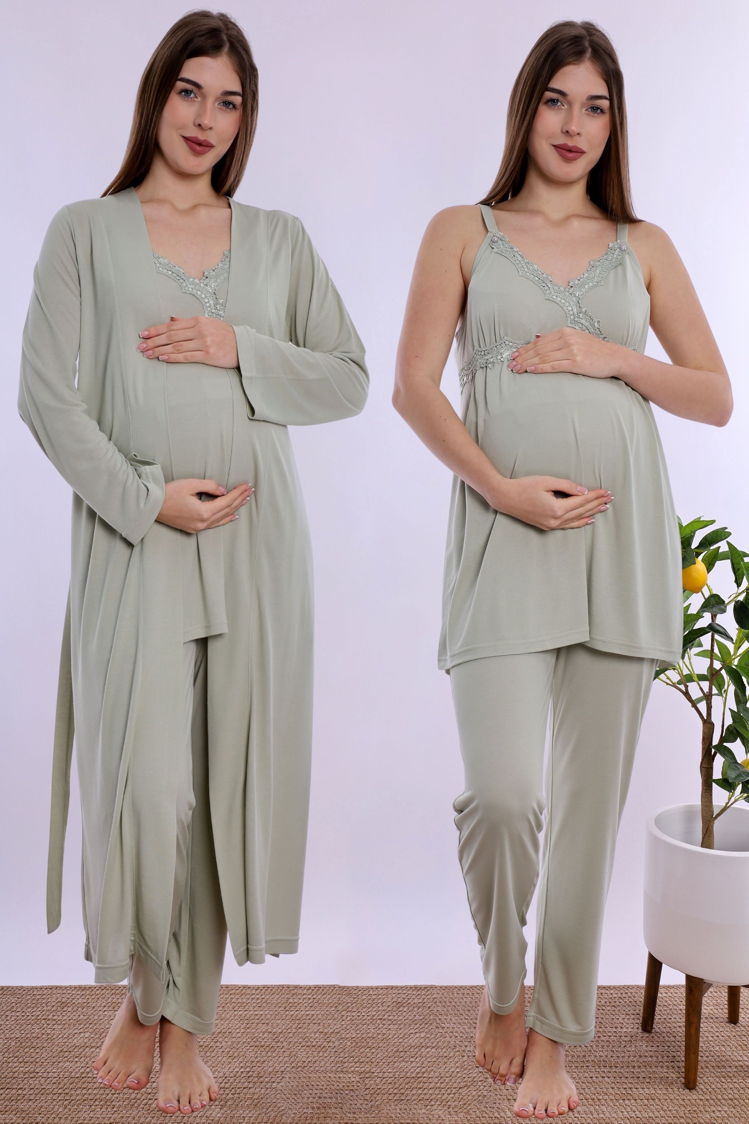 290382 Pamuklu Sabahlıklı Hamile Lohusa Emzirme Pijama Takımı Ayarlanabilir Bel Lastikli  - Yeşil