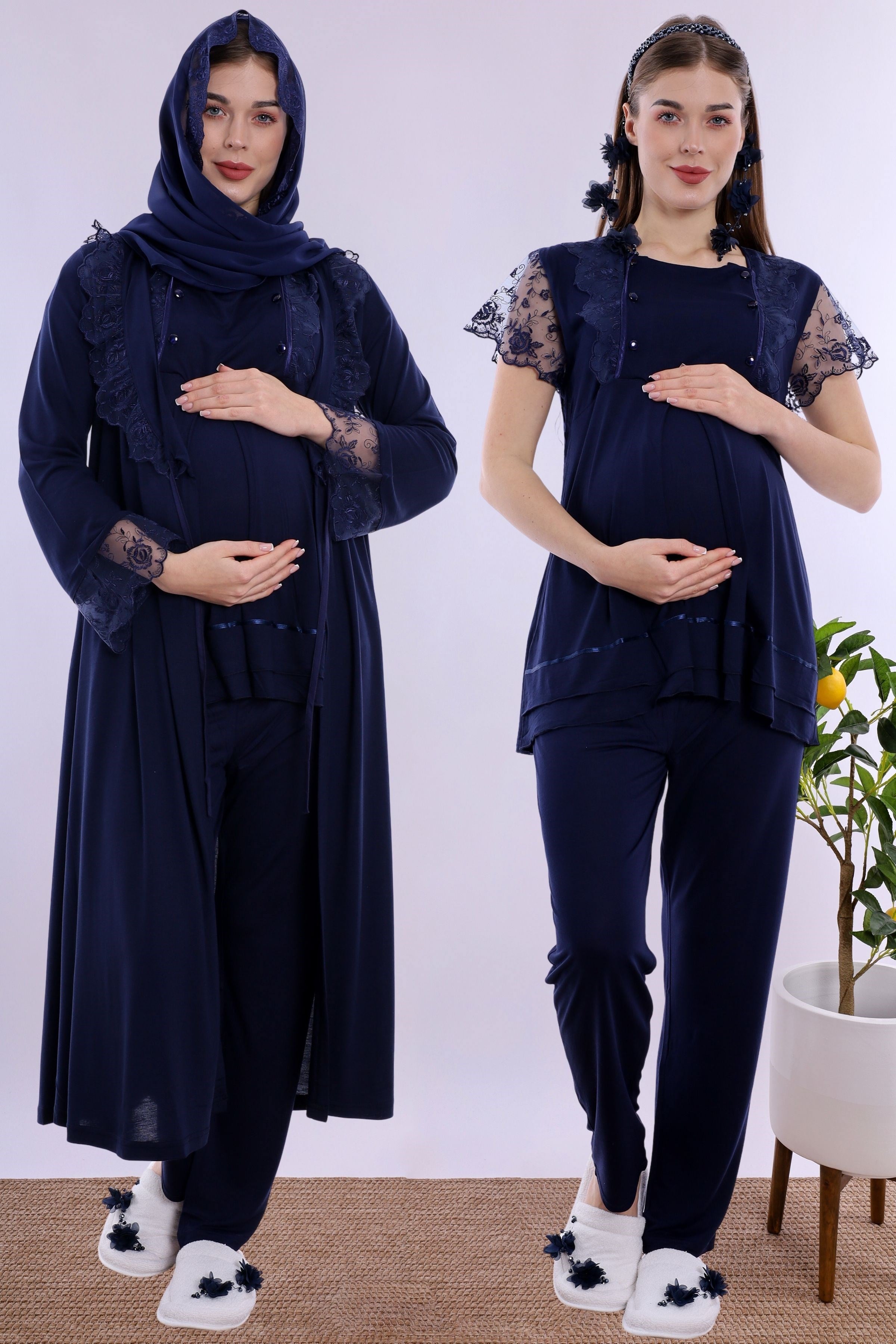 2T20542 Tesettürlü Ayarlanabilir Bel Lastikli Sabahlıklı Hamile Lohusa Pijama Takımı  - Lacivert