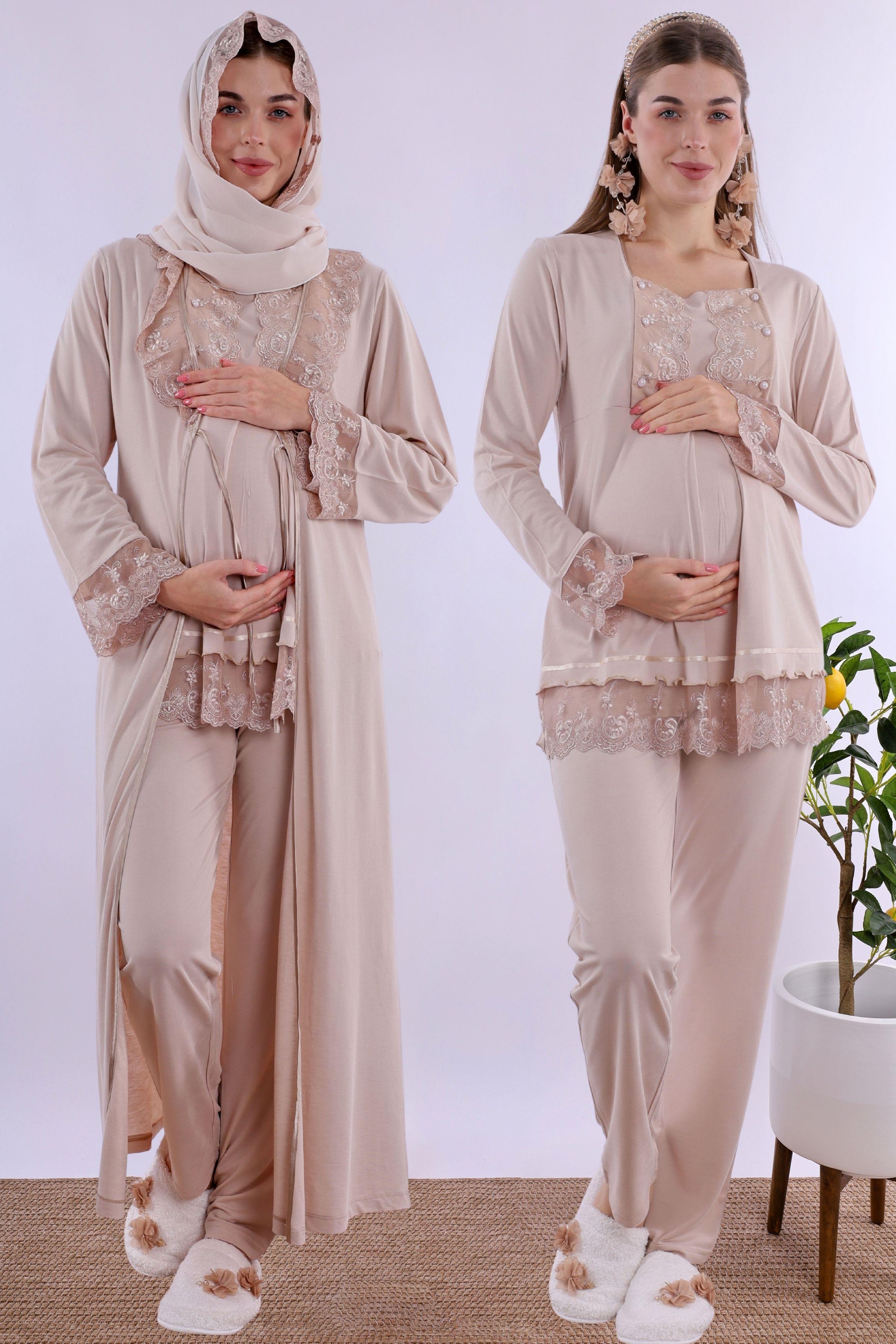2T30472 Bej Tesettürlü Uzun Sabahlıklı Hamile Lohusa Pijama Takımı