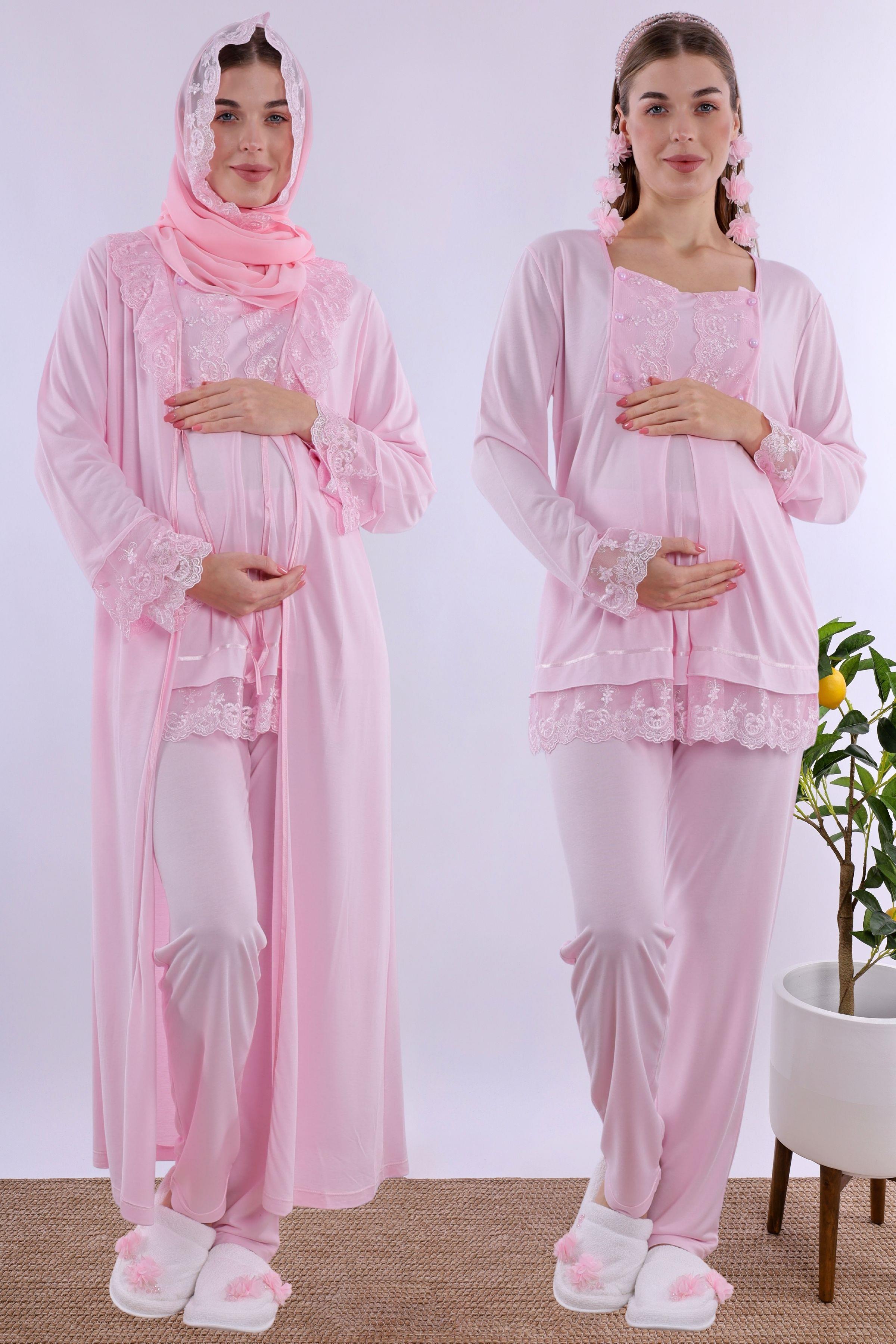 2T30472 Pembe Tesettürlü Uzun Sabahlıklı Hamile Lohusa Pijama Takımı