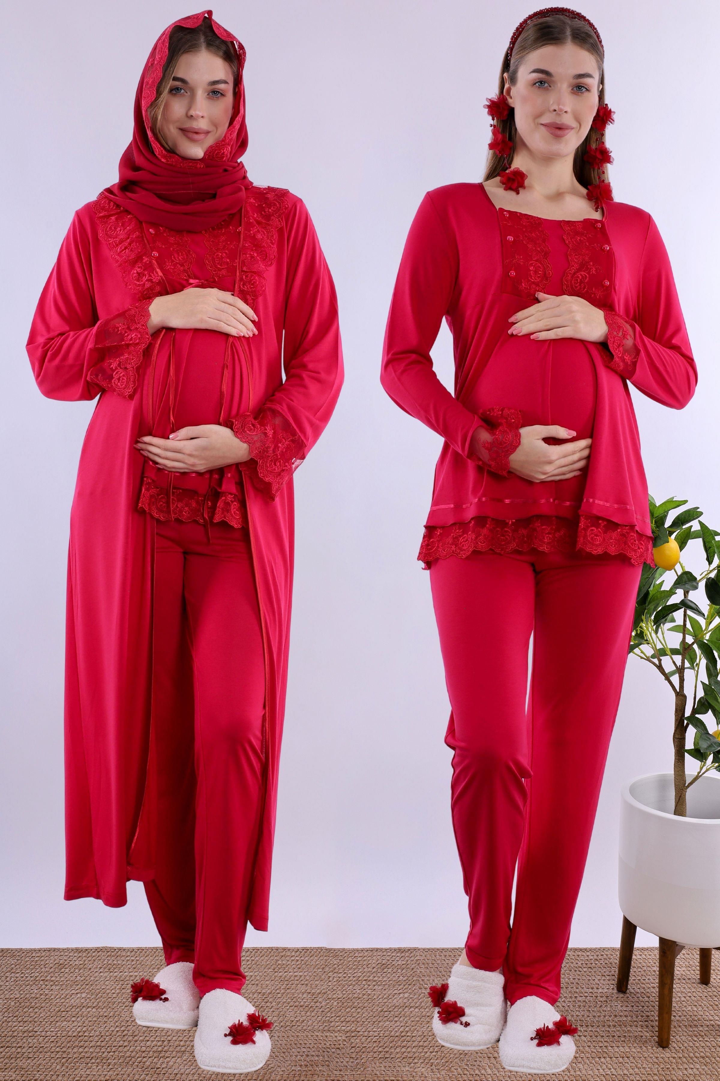 2T30472 Vişne Tesettürlü Uzun Sabahlıklı Hamile Lohusa Pijama Takımı