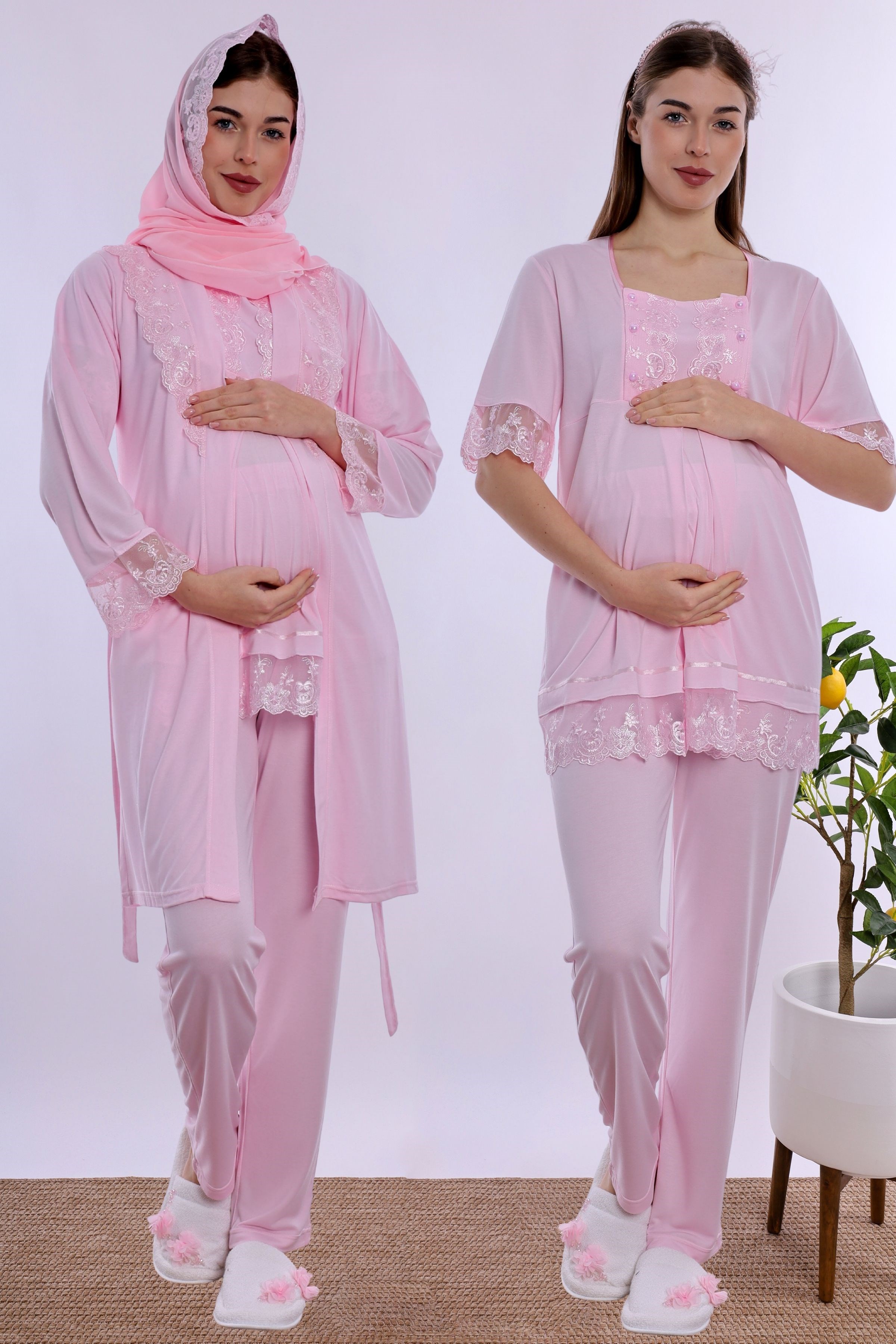 2T60342 Tesettürlü Rahat Kesim Emzirme Özellikli Sabahlıklı Hamile Lohusa Pijama Takımı  - Pembe